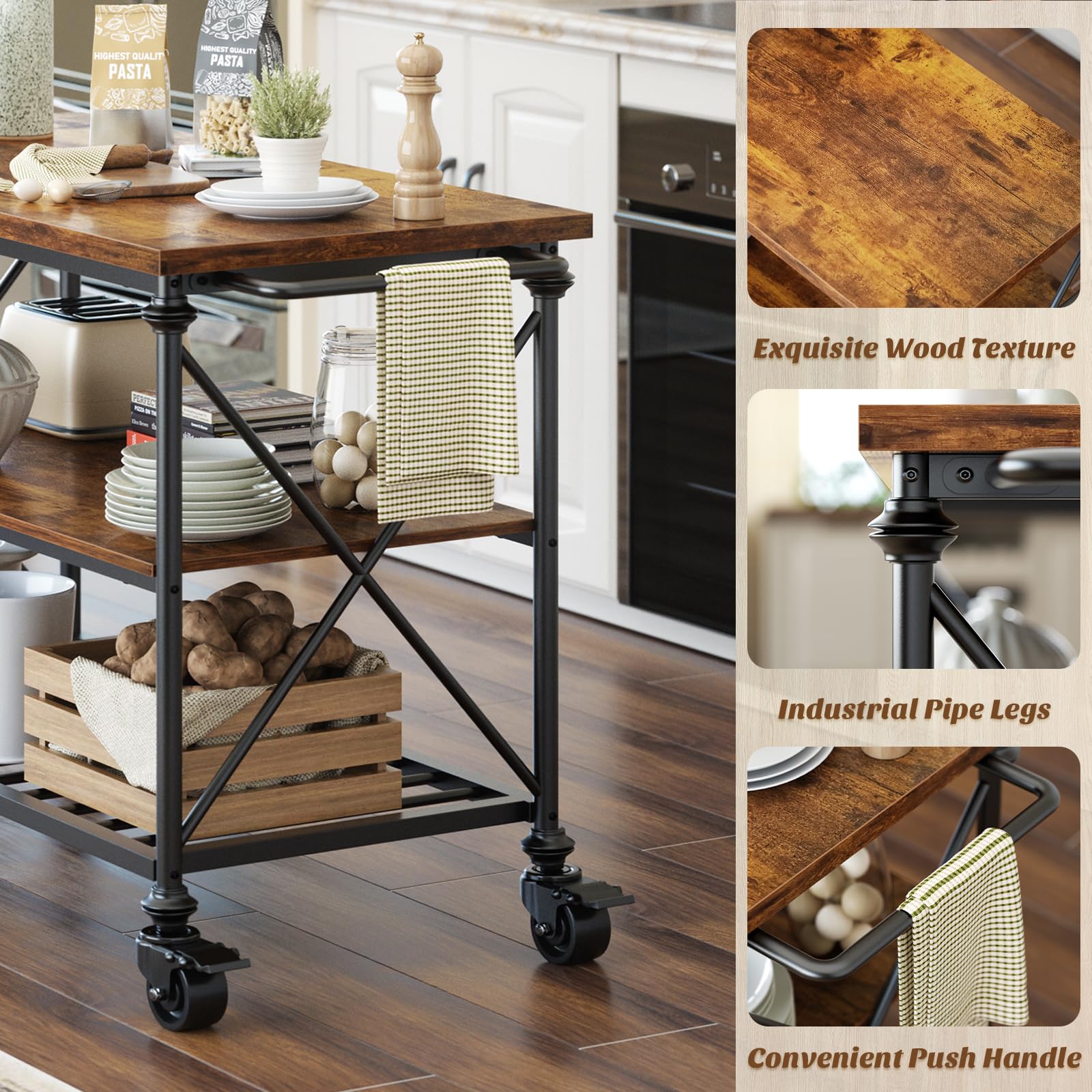 3-Tier Rolling Kitchen Island with Pipe Legs