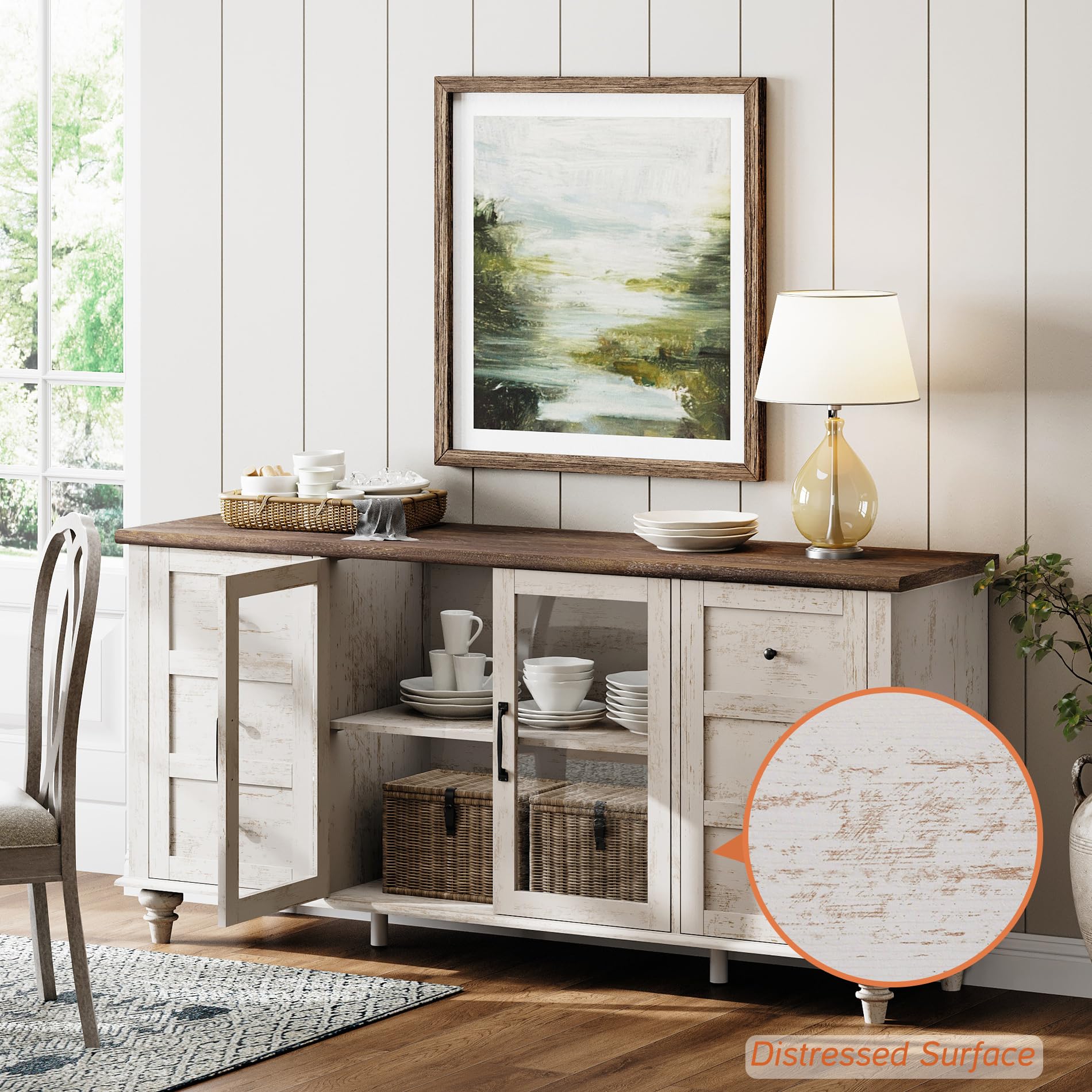 58" Farmhouse TV Stand with Glass Doors & Adjustable Shelf