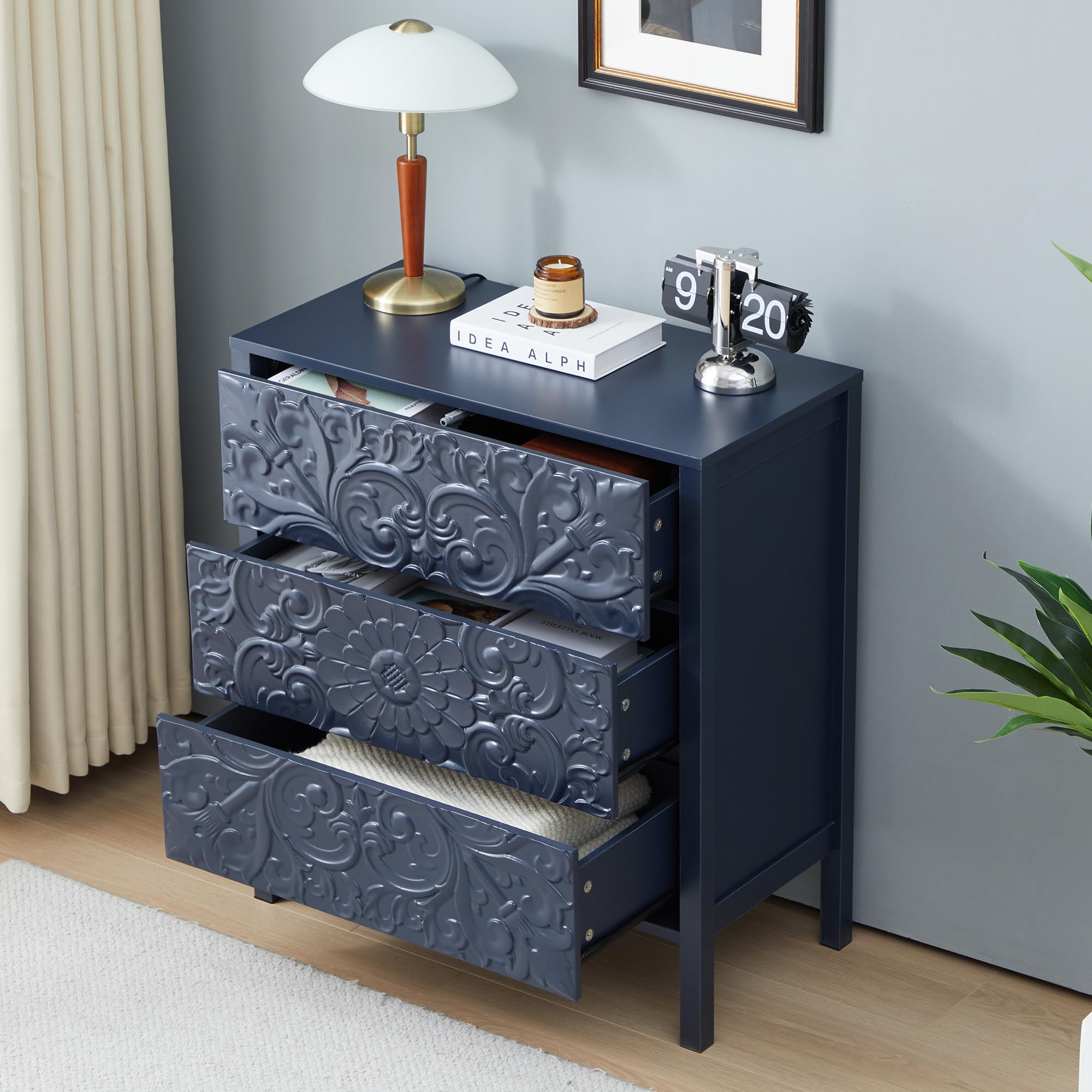 weselon Carving 3 Drawer Dressers for Bedroom, Wide Chest of Drawers with Storage, Accent Luxury Nightstand Small Dresser for Hallway Living Room Entryway Office (1, Gray Blue)