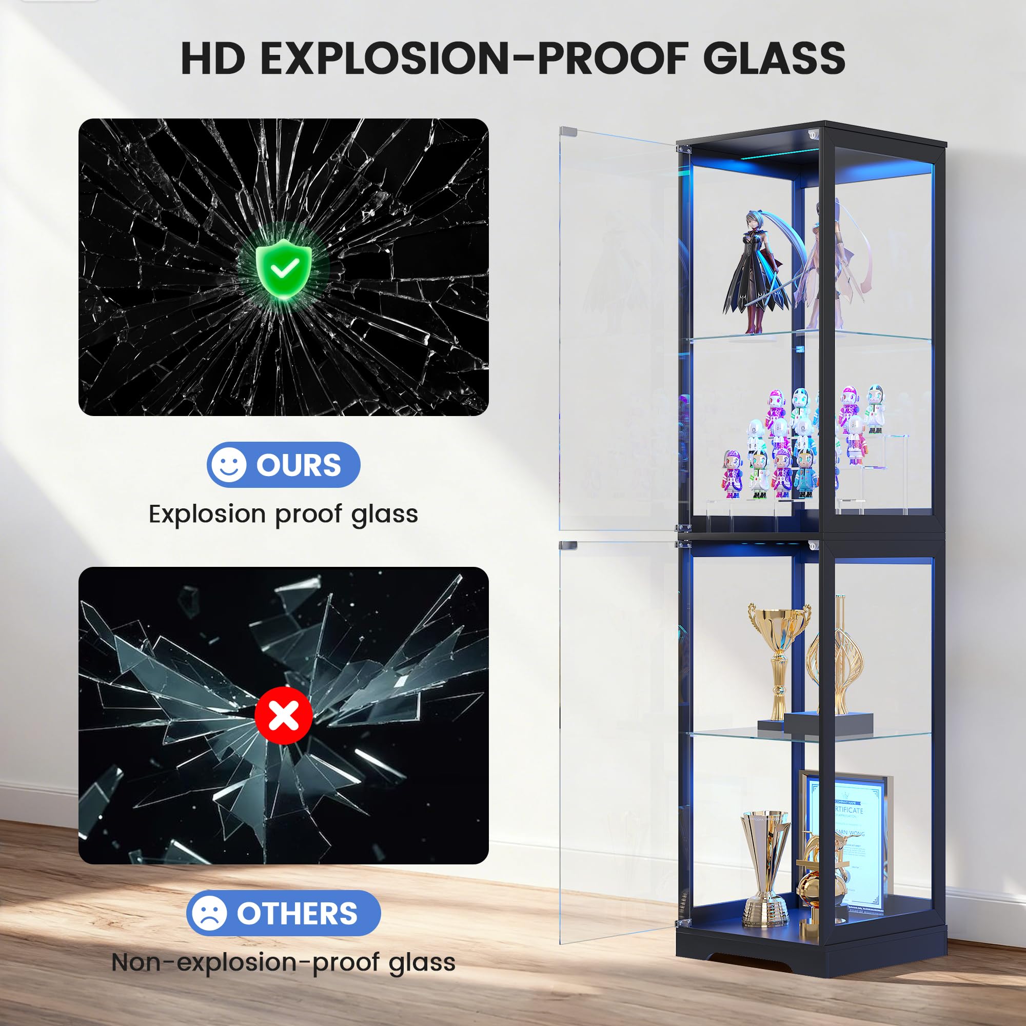 4-Tier Glass Display Cabinet with LED Lights