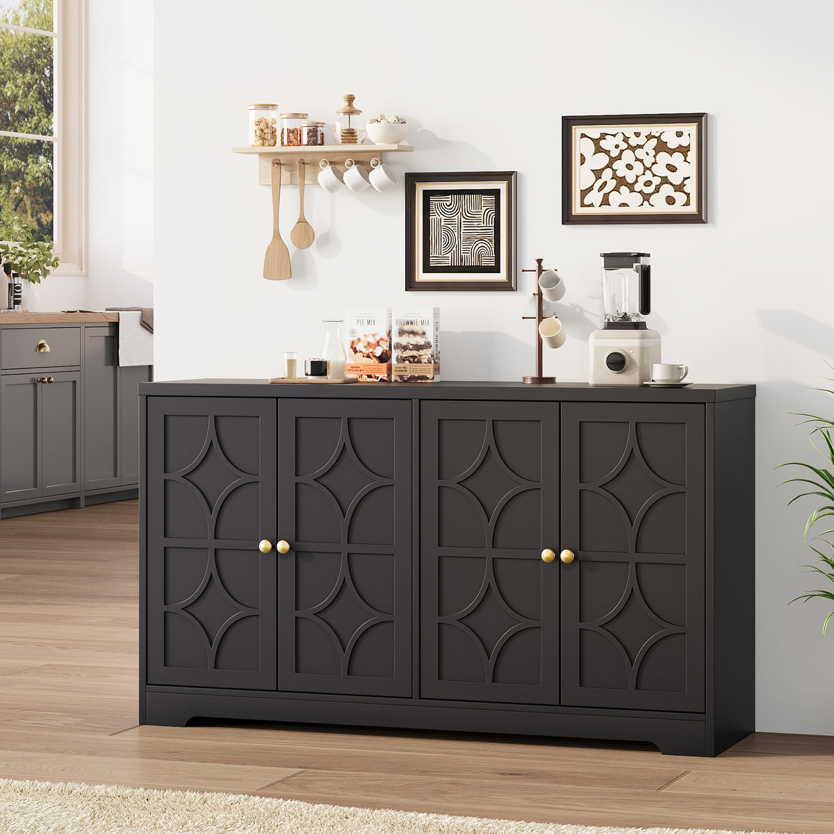 IDEALHOUSE Modern Sideboard Buffet Cabinet, 55" Buffet Storage Cabinet with Adjustable Shelves, Wood Coffee Bar Cabinet with Storage for Kitchen, Dining Room, Living Room, Black