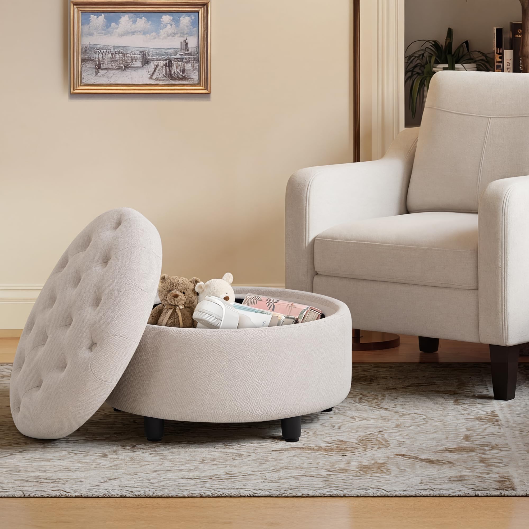 COLAMY Fabric Round Storage Ottoman with Reversible Tray Lid – Multi-Functional Footrest, Hidden Storage, Sturdy & Stylish Small Coffee Table for Living Room, Bedroom, or Entryway(Beige)