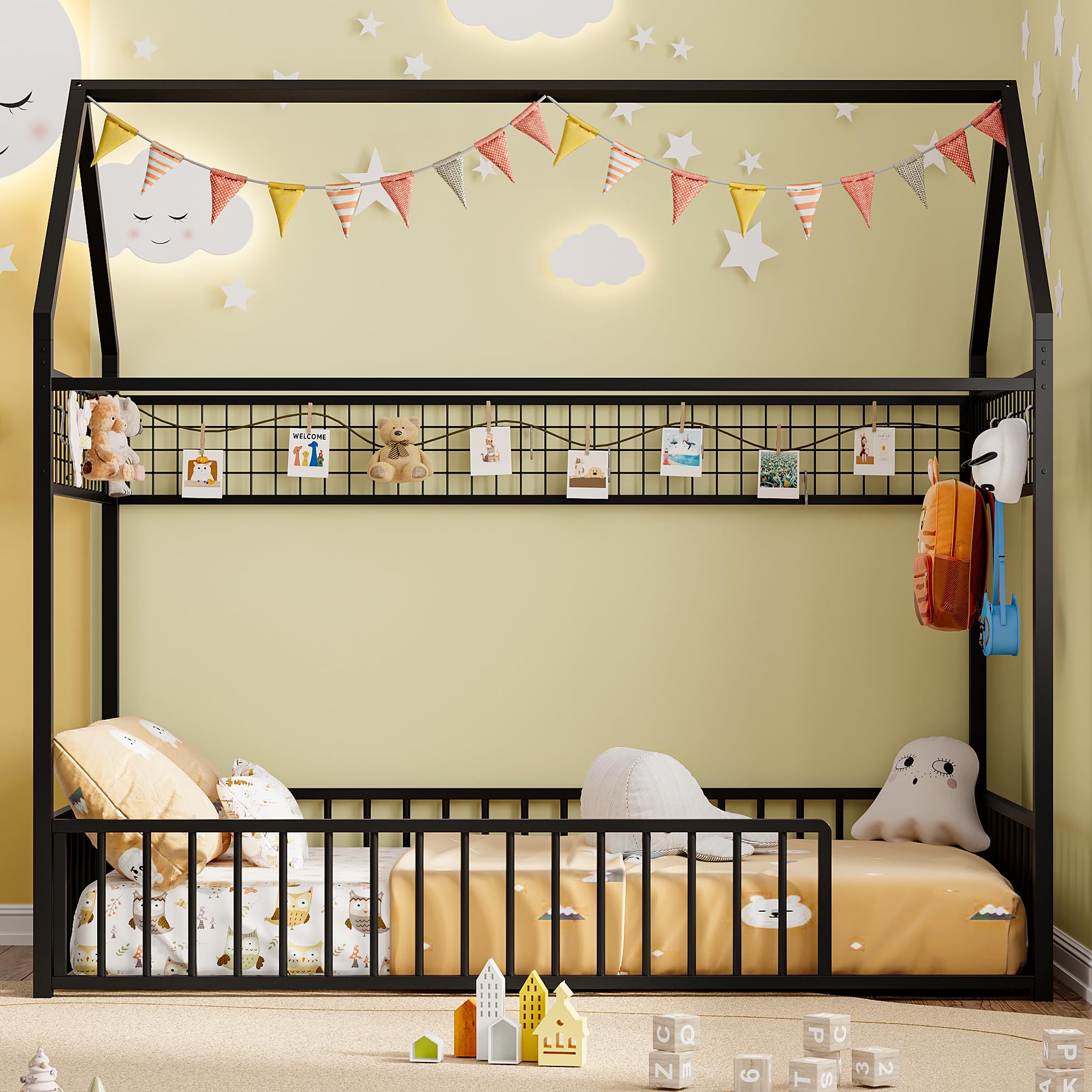 Twin Metal House Floor Bed Frame with Guardrails