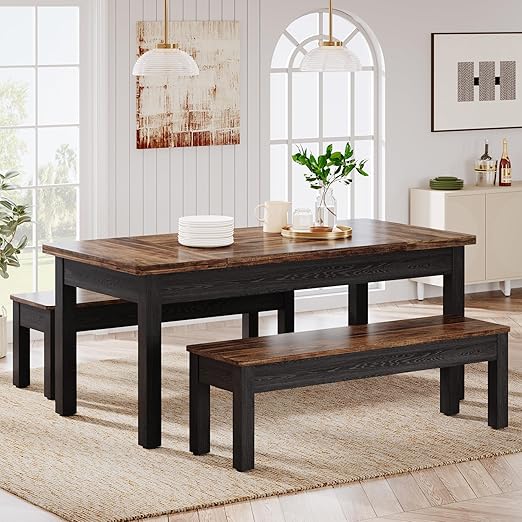 55" Farmhouse Dining Table Set with 2 Benches