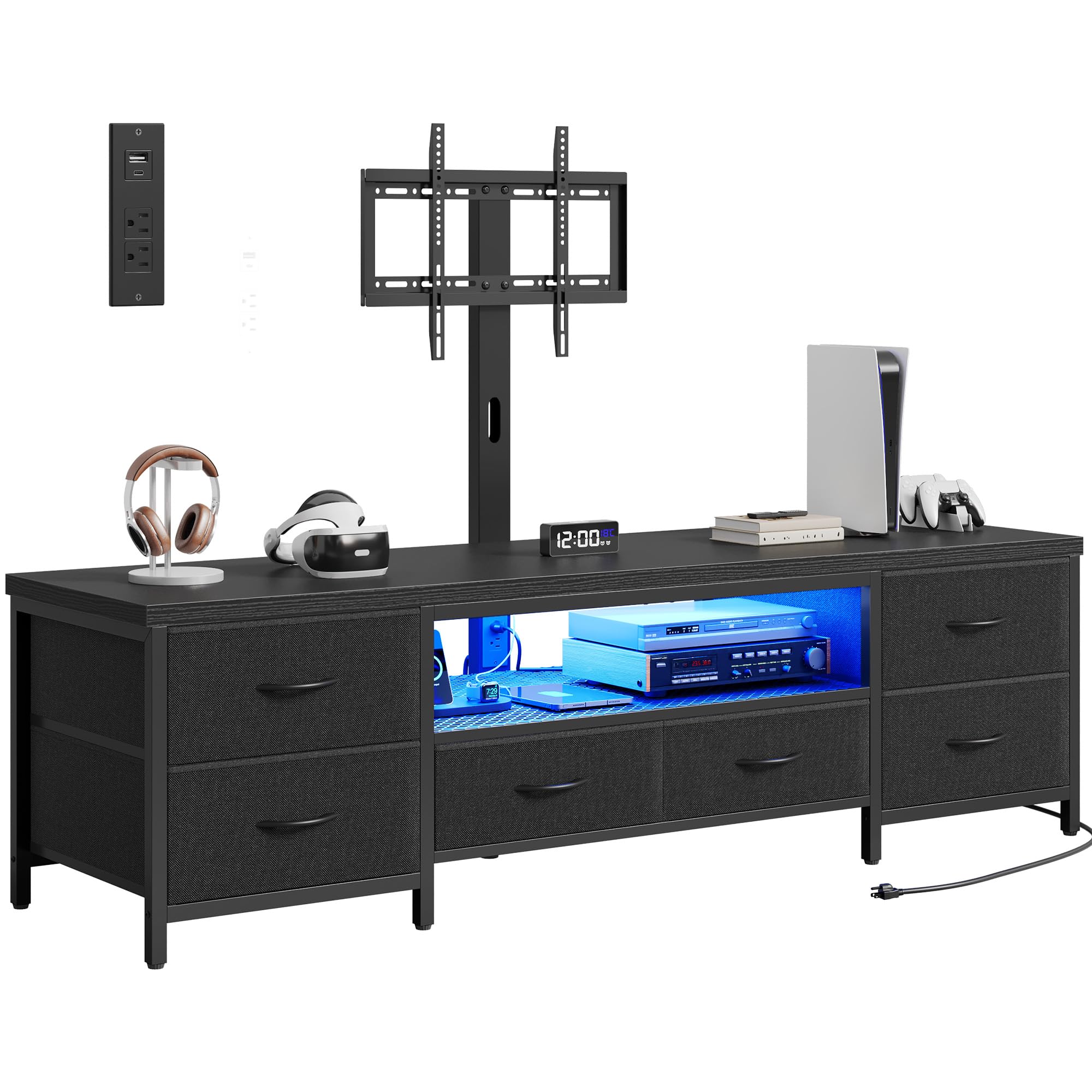 Homiflex TV Stand for 80 Inch TV with Mount, LED Entertainment Center w/Fabric Drawers & Power Outlets, Industrial Media Console for Living Room, Bedroom, Open Storage Shelves - 71'' Black