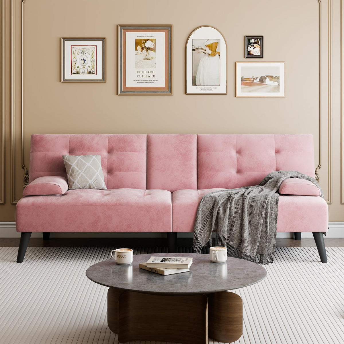 Meilocar Futon Sofa Bed, 64 in Small Couch with Cup Holders, Pink