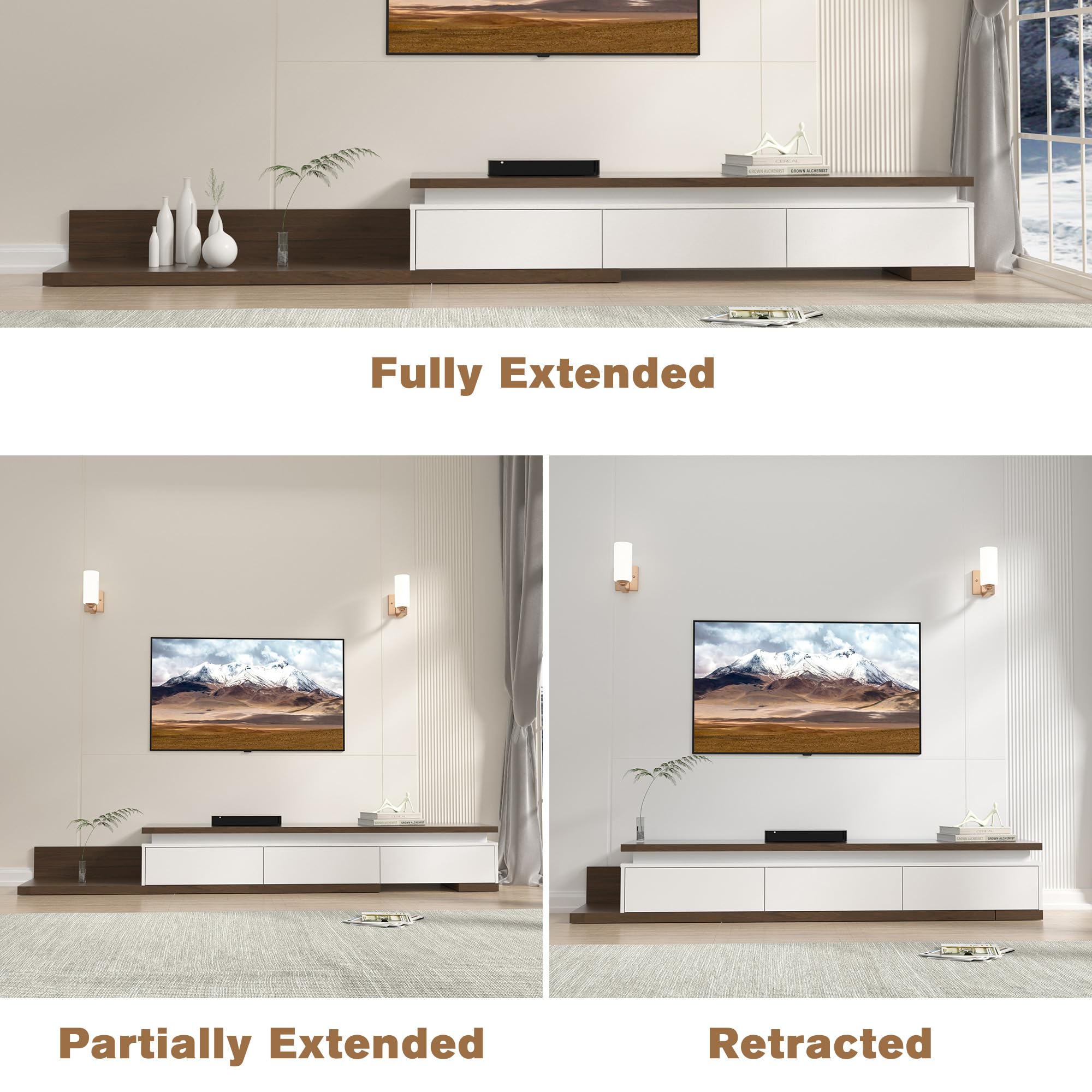 Betterhood Extendable TV Stand with LED Lights (80” - 106”), Wood Entertainment Center for Up to 120" TV, Modern Reversible TV Console with Three Drawers, Living Room, Bedroom (White)