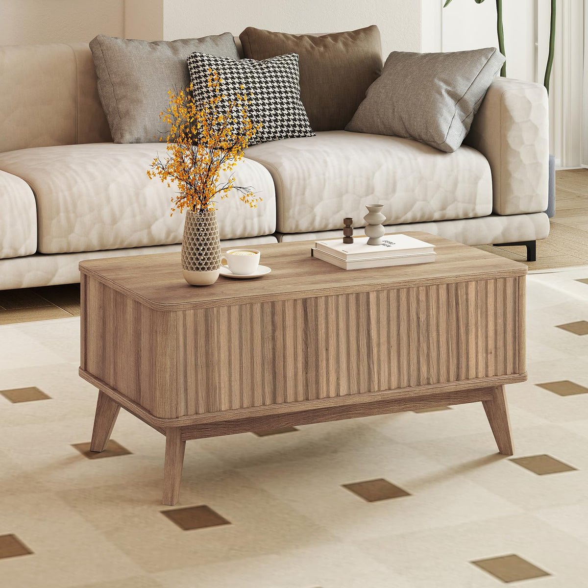 GIANTEX Lift Top Coffee Table with Storage, 35.5" Mid Century Modern Center Table with Solid Wood Leg & Hidden Compartment, Minimalist Fluted Living Room Table for Home Office, Oak