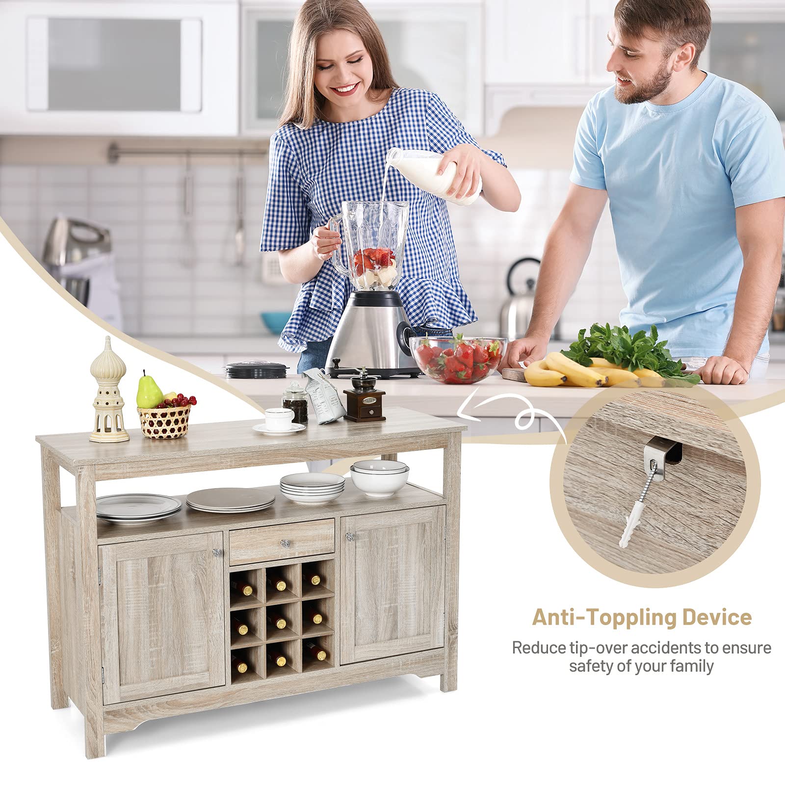 Giantex Buffet Server Sideboard, Console Wood Dining Table, Cupboard Table with 2 Cabinets, 1 Drawer and 9 Wine Cabinets, Storage Organizer Kitchen and Dining Room (Gray)