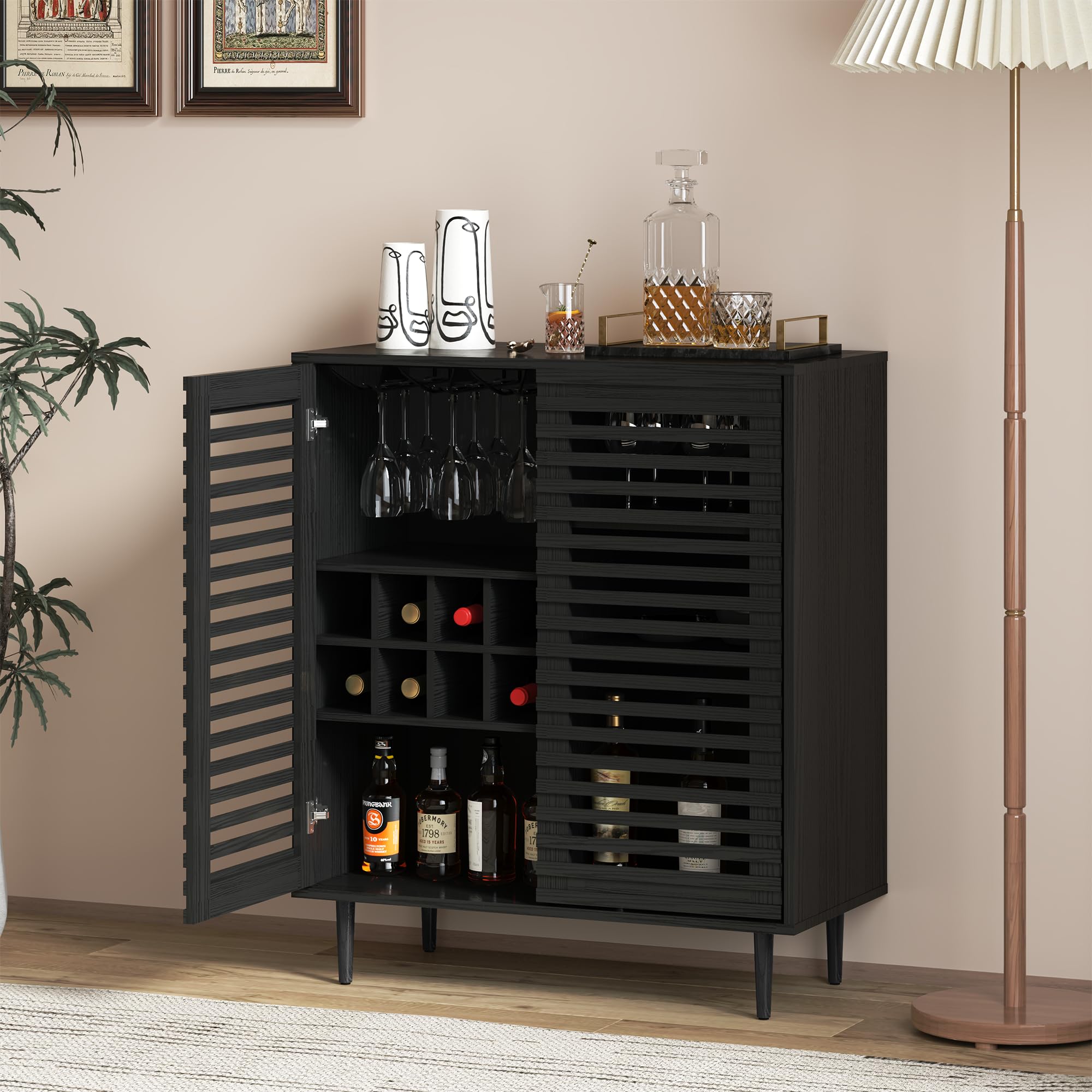 ZOSQUARE Mid Century Bar Cabinet with Wine Racks, Modern Liquor Cabinet with Slatted Doors for Dining Room, Living Room (Black)