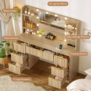 FIONESO Fluted Vanity Desk with Mirror and Adjustable LED Lights & Power Outlet, Makeup Vanity Desk with 7 Drawers,4 Shelves and 5 Hooks, Vanity for Girls, Natural Oak
