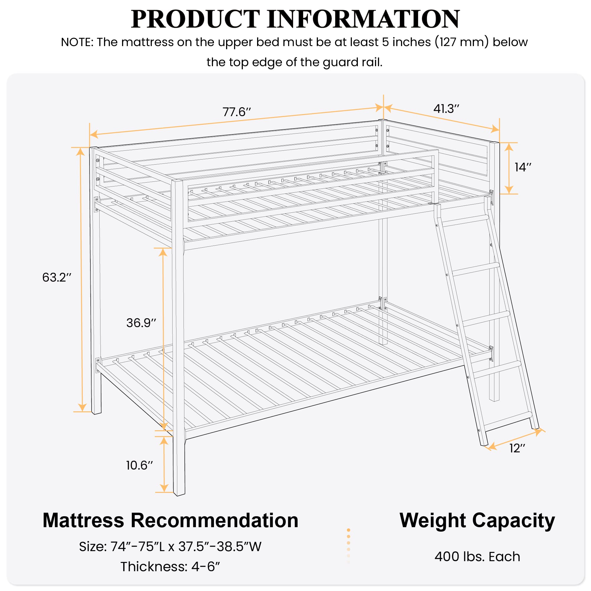 Twin Over Twin Metal Bunk Bed with Ladder & Guardrail