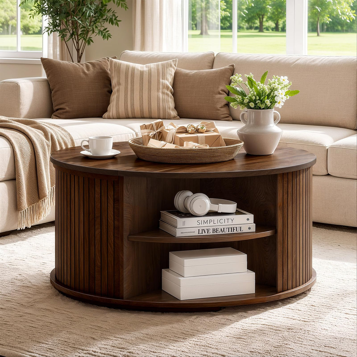 Walnut Round Lift-Top Coffee Table