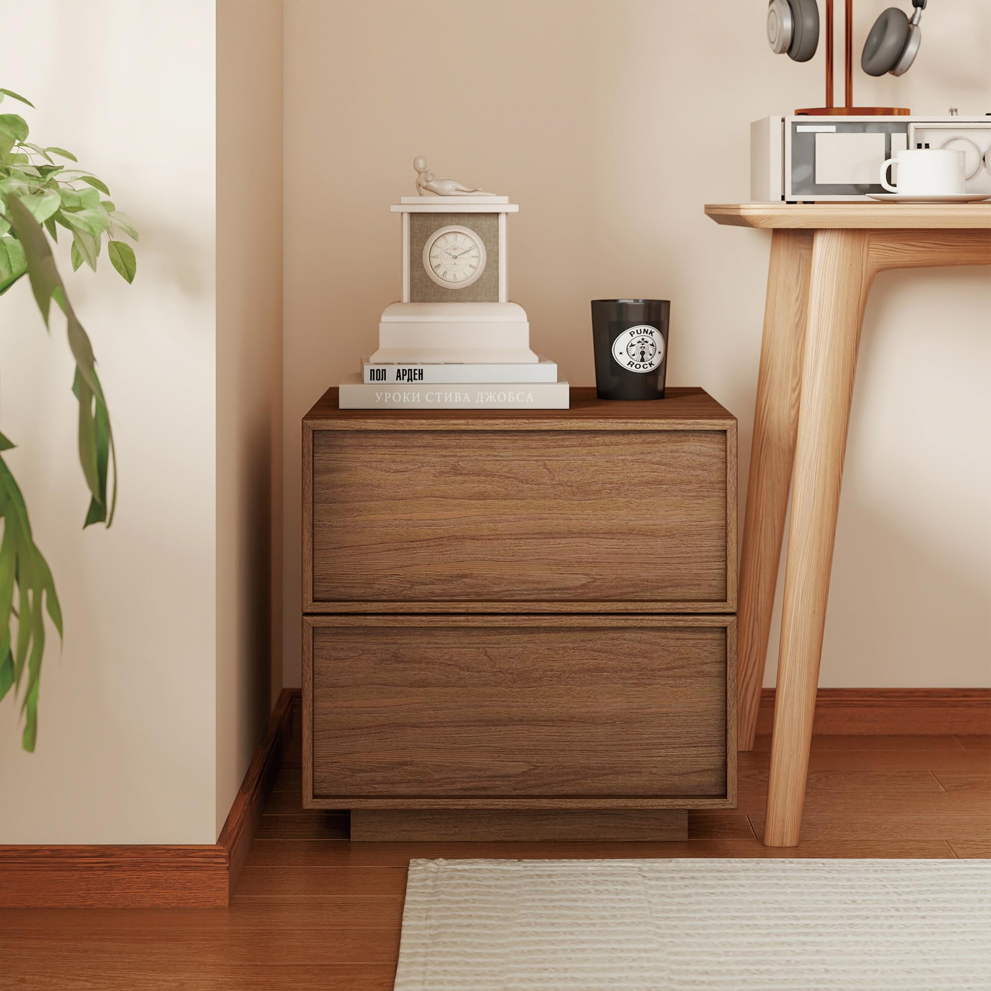 RYWI11OUSE Small Night Stand Set of 2 with 2 Drawers,Modern NightStand with Storage, Bedside Table for Bedroom, Walnut