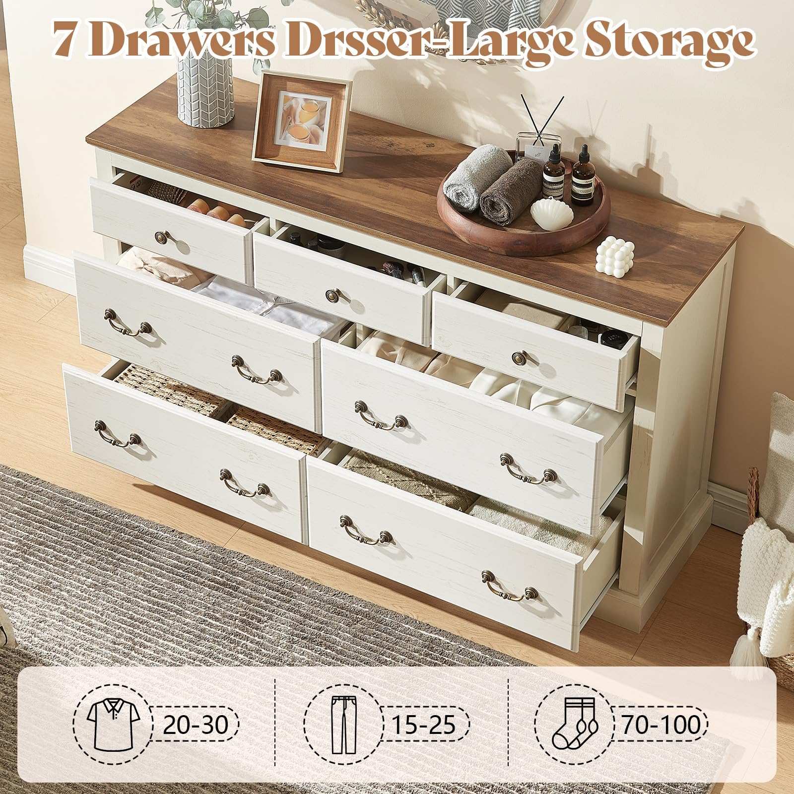 AMERLIFE Farmhouse 3 Pieces Bedroom Sets, Include 54" Wide 7 Drawers Dresser, Nightstand Set of 2 with Charging Station, Rustic Retro Bedroom Furniture Set, White