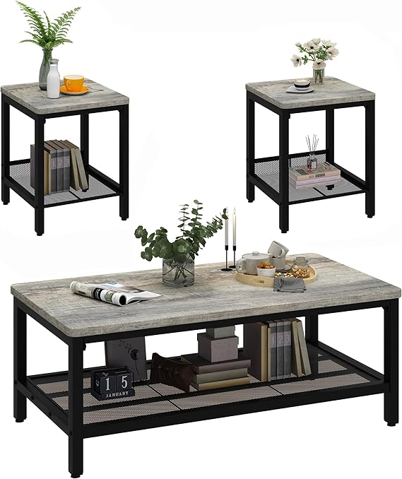 3-Piece Coffee & End Table Set with Metal Frame