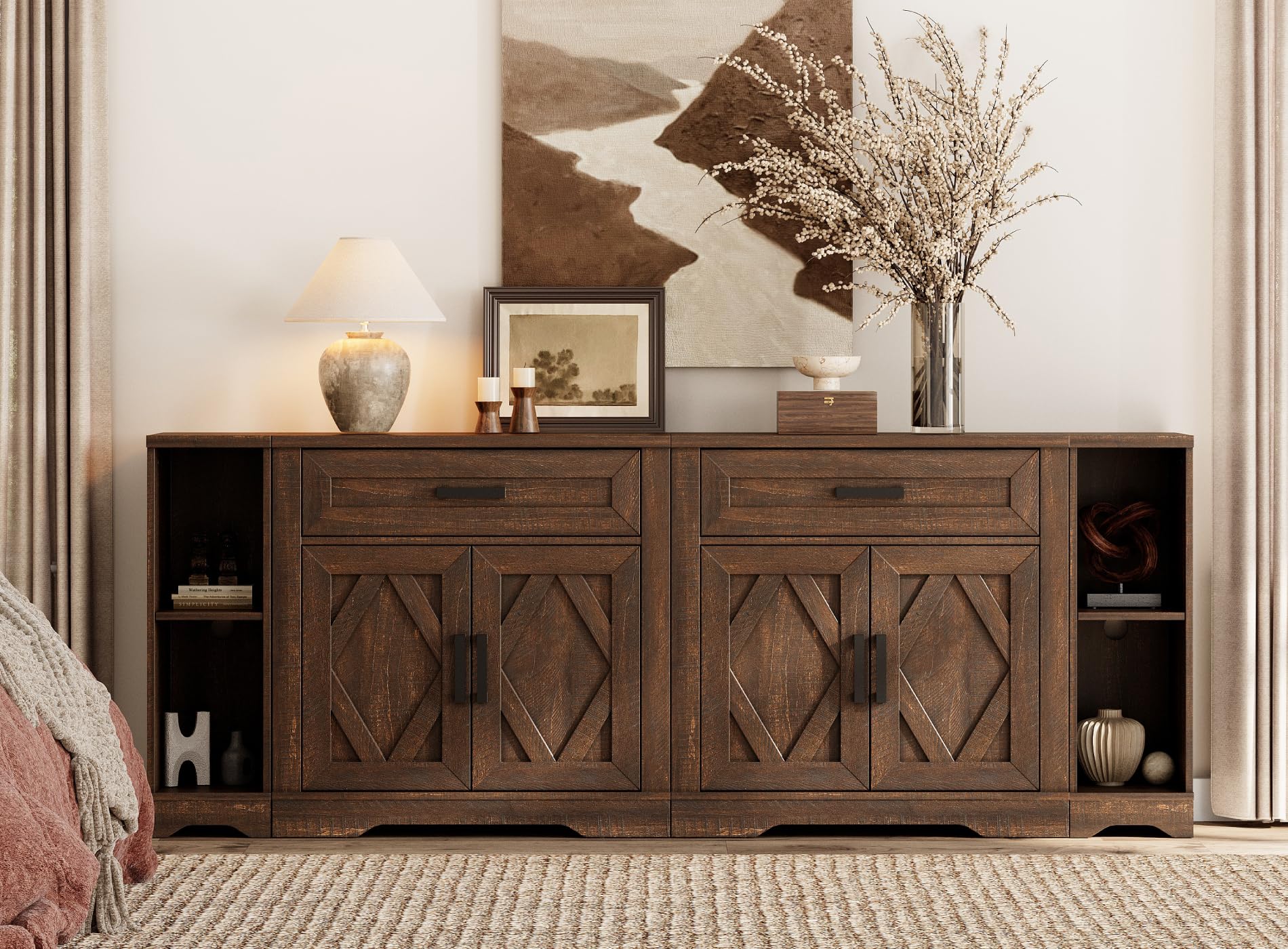 WAMPAT 82.7" W TV Stand for up to 95" TVs,Farmhouse Entertainment Center with Storage Barn Door Cabinet,TV Console Table with Media Cabinet and Drawers for Living Room,Bedroom,Dark Brown