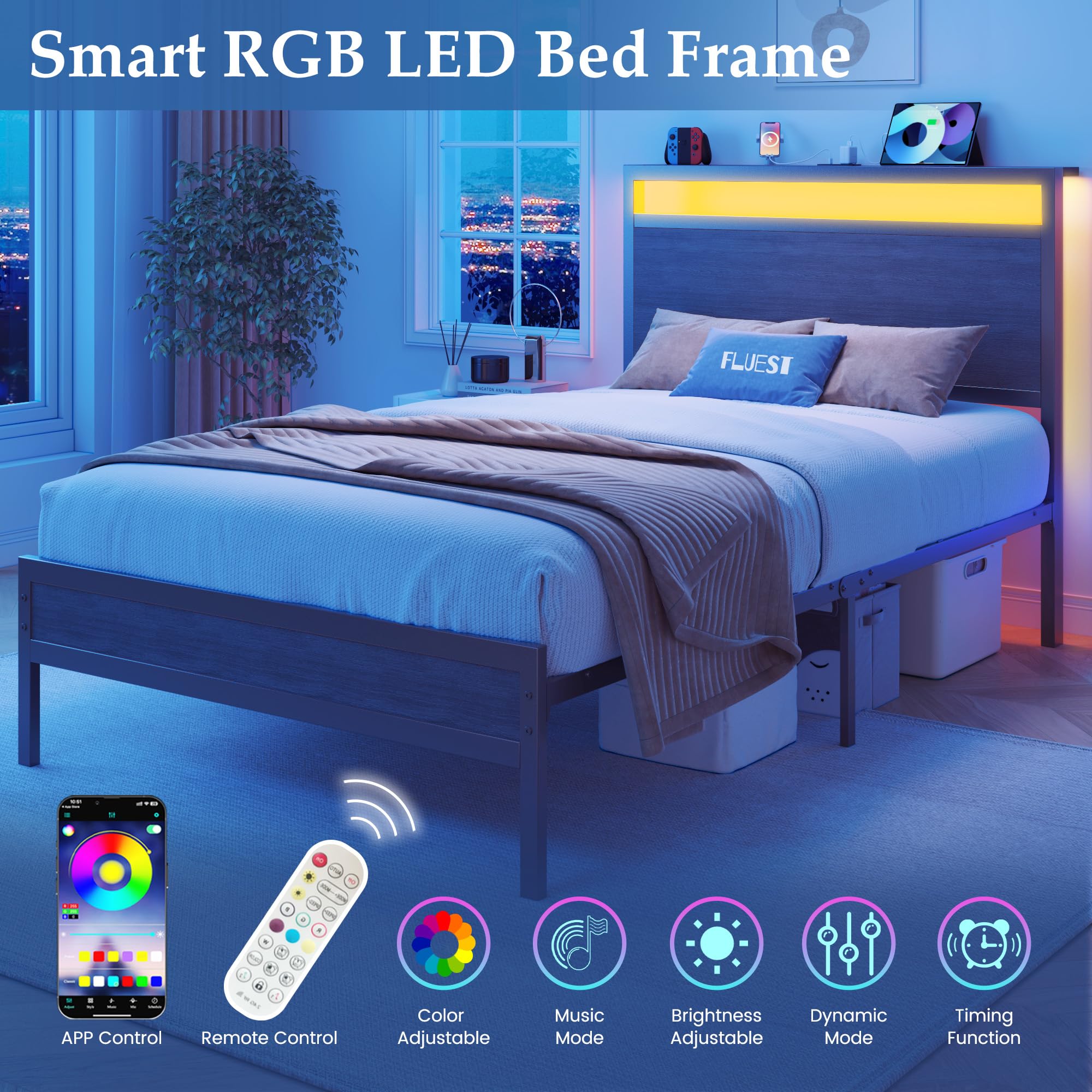 Fluest Twin Bed Frame with Headboard & Footboard, Twin Bed Frame with Charging Station & LED Light, Under-Bed-Storage, No Box Spring Needed, Noise Free, Easy Assembly, Rustic Grey