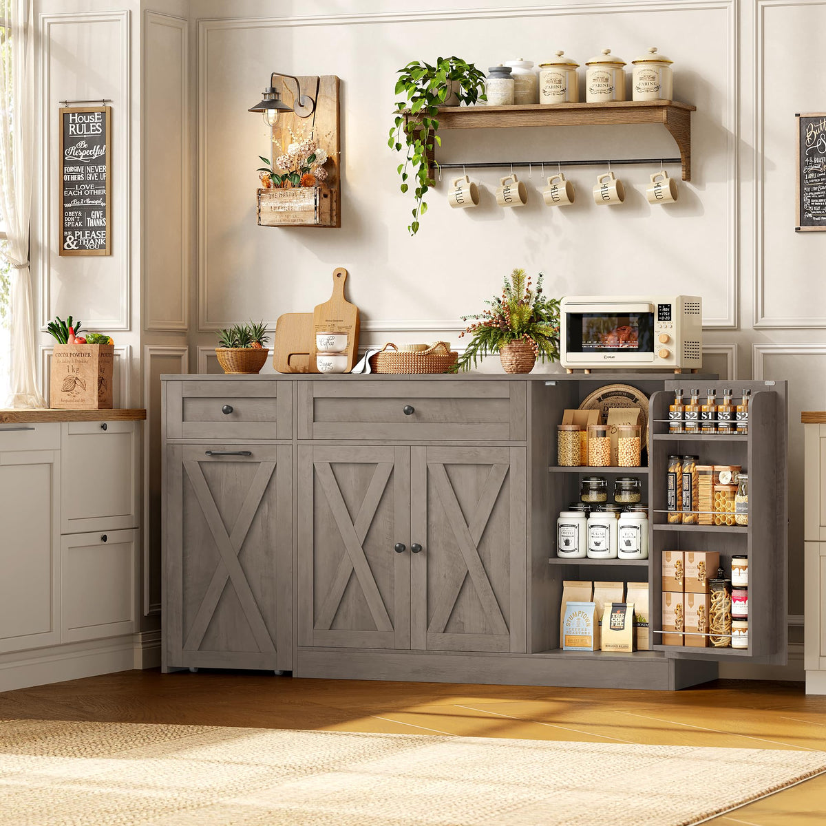 HOSTACK 59" W Kitchen Buffet Cabinet with Storage, Coffee Bar Cabinet, Grey