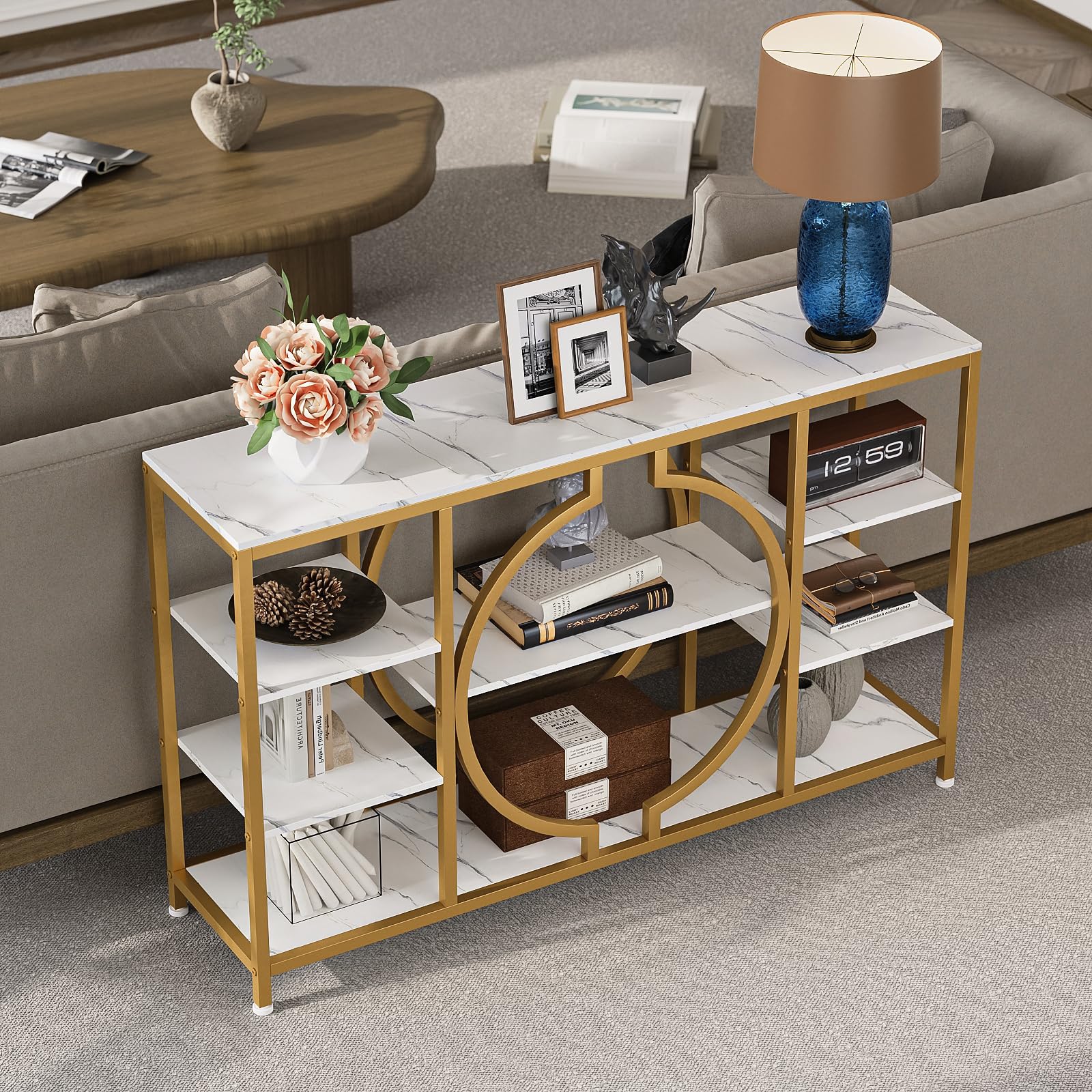 GiftGo 47" Industrial Console Tables for Entryway Rustic Sofa Table Behind Couch 4 Tier Wooden Shelves Entry Table with Storage for Foyer, Hallway, Front Door,Living Room (White Gold, 47")