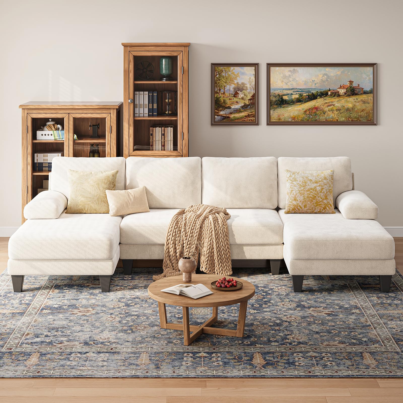 TROMIRY Sectional Couches for Living Room | 112 Inch U-Shaped Sectional Couch | 4 Seat Sofa Set with Double Chaise for Apartment | Warm White Chenille
