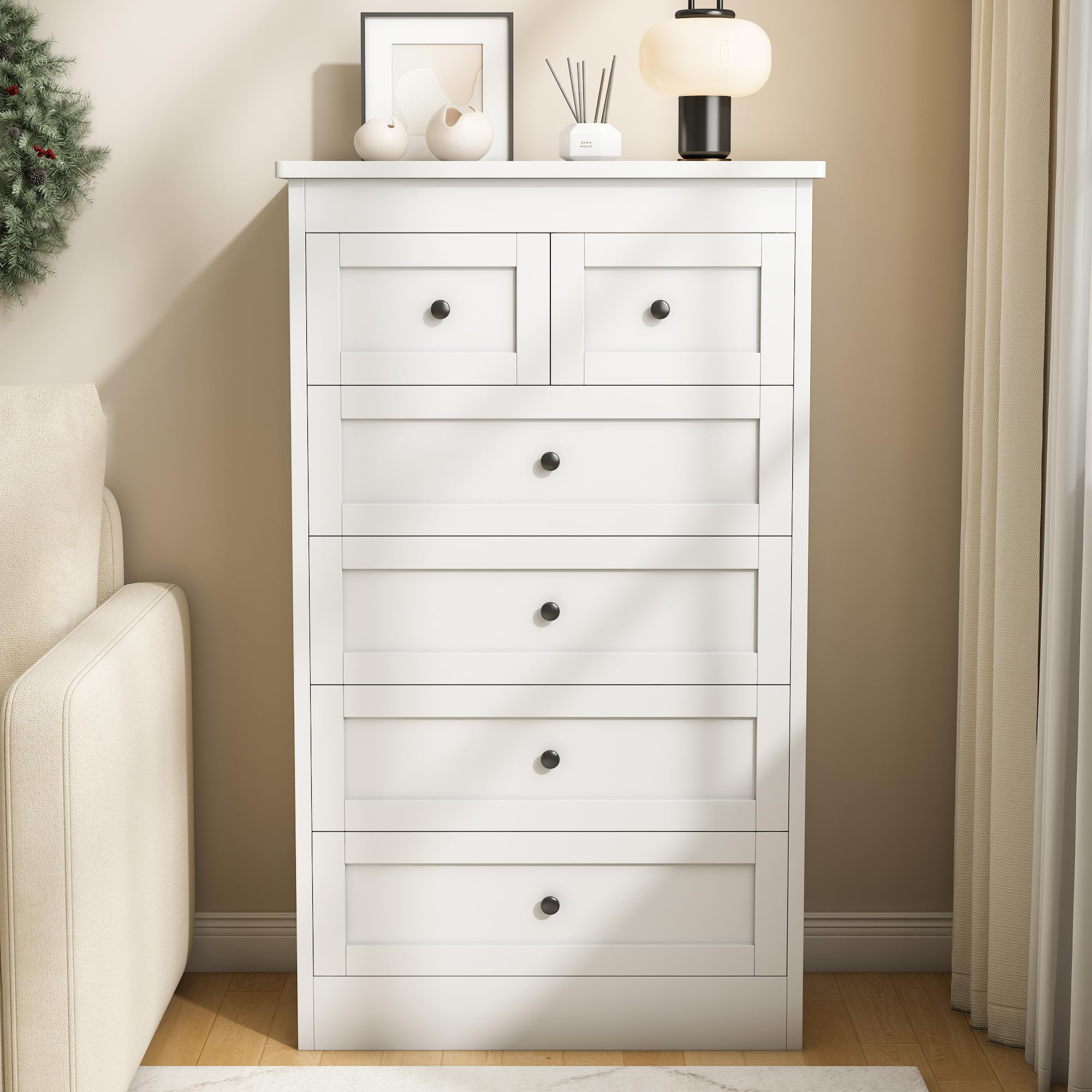 wanan Tall 6 Drawer Dresser for Bedroom, White Modern 43.3'' Tall Wood Chest of Drawers, Storage Organizer with Smooth Metal Rails & Anti-Tip Kit for Closet, Hallway, Living Room