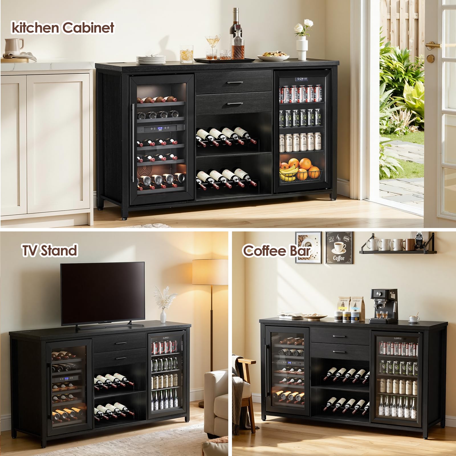 Leteuke Large Coffee Bar Cabinet with 2 Fridge Space, 70.8" L Kitchen Wine Cabinet, Wood Buffet Sideboard Table Station, Farmhouse Liquor Cabinet with Drawers Wine Rack for Home, Living Room-Black