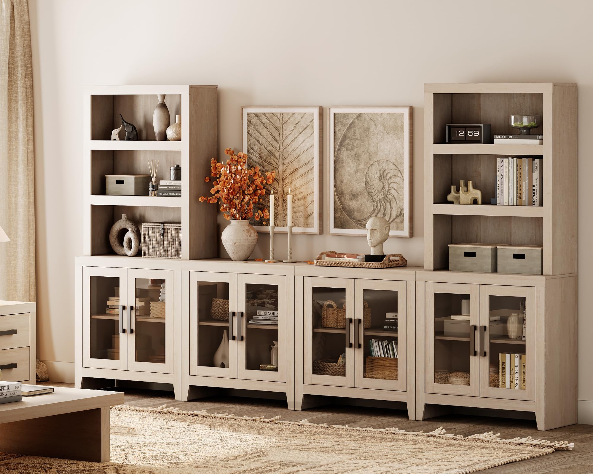 WAMPAT Farmhouse Entertainment Center with Bookshelves, 4-Piece Modular TV Stand with Storage Towers, Glass Doors, Open Shelves, Media Console for Living Room, Home Theater, Beige