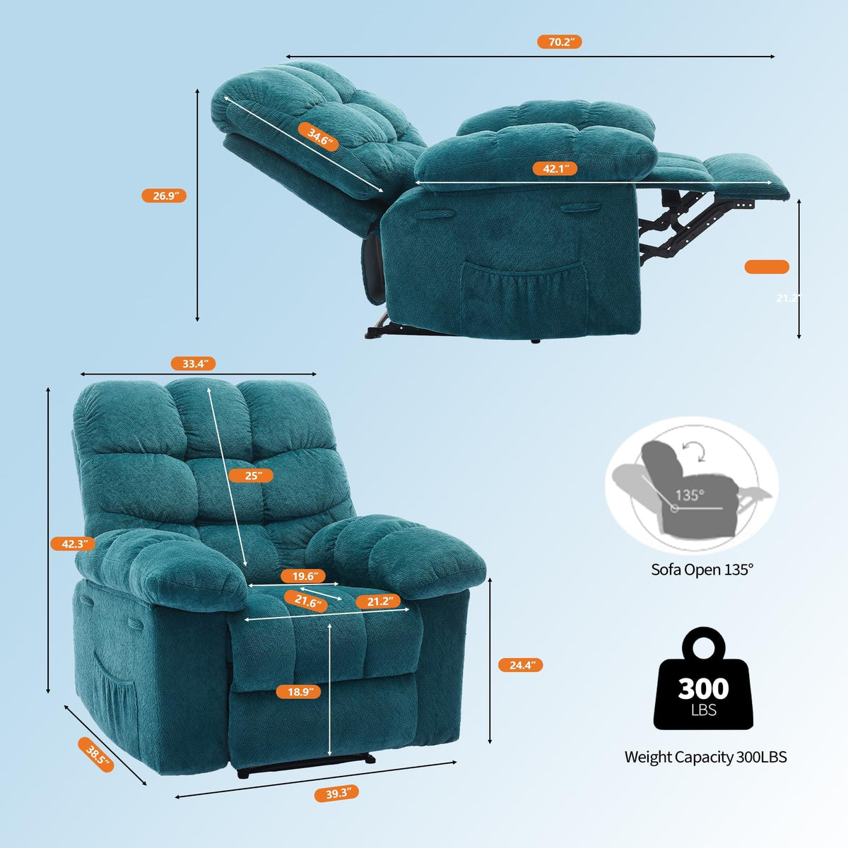 Manual Recliner Chair, Fabric Lounge Chair for Living Room and Bedroom