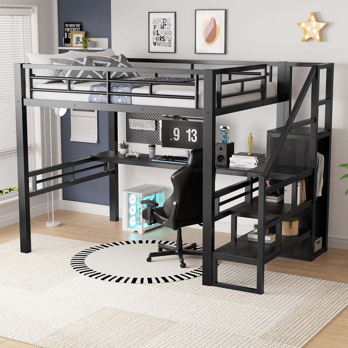 Queen Loft Bed with Desk and Storage