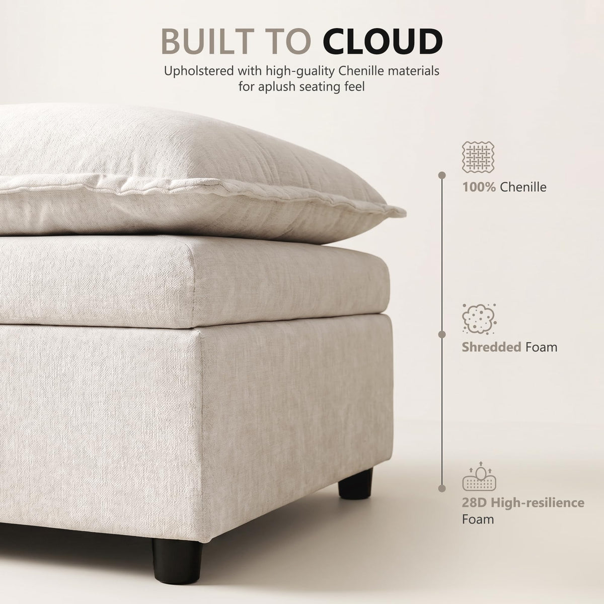 ALLTUFO Chenille Upholstered Rectangle Ottoman for Modular Sectional Cloud Couch, Foot Stool, Faux Wood Feet, Durable Frame, Modular Sectional Couch Add Ons for Living Room, Bedroom, Beige