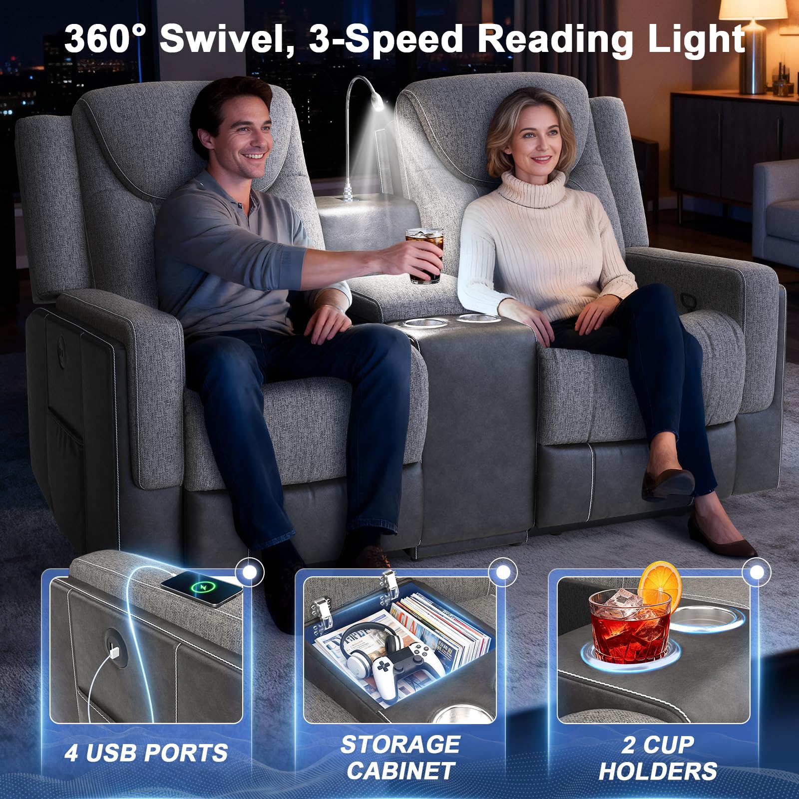 Duitrc Manual Loveseat Recliner Sofa, Home Theater Seating with Touch Reading Light, Console with Cup Holders & Storage, USB Ports, 2 Seater Reclining Couch for Living Room, RV, Home Theater