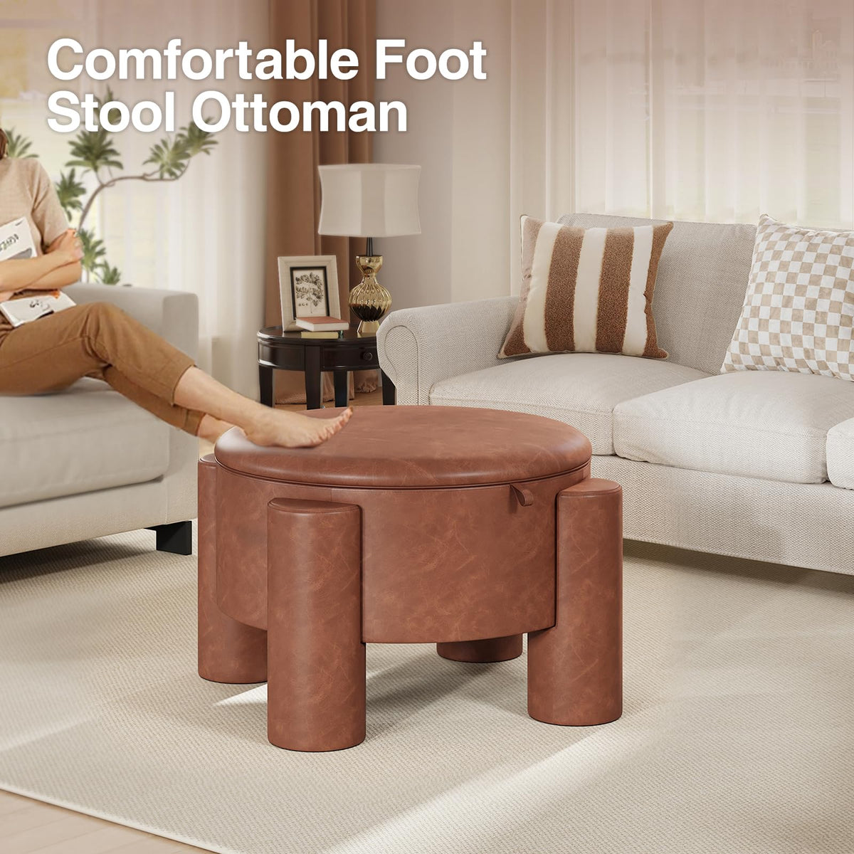 FiveWillowise 24 Inch Small Round Ottoman with Storage,Faux Leather