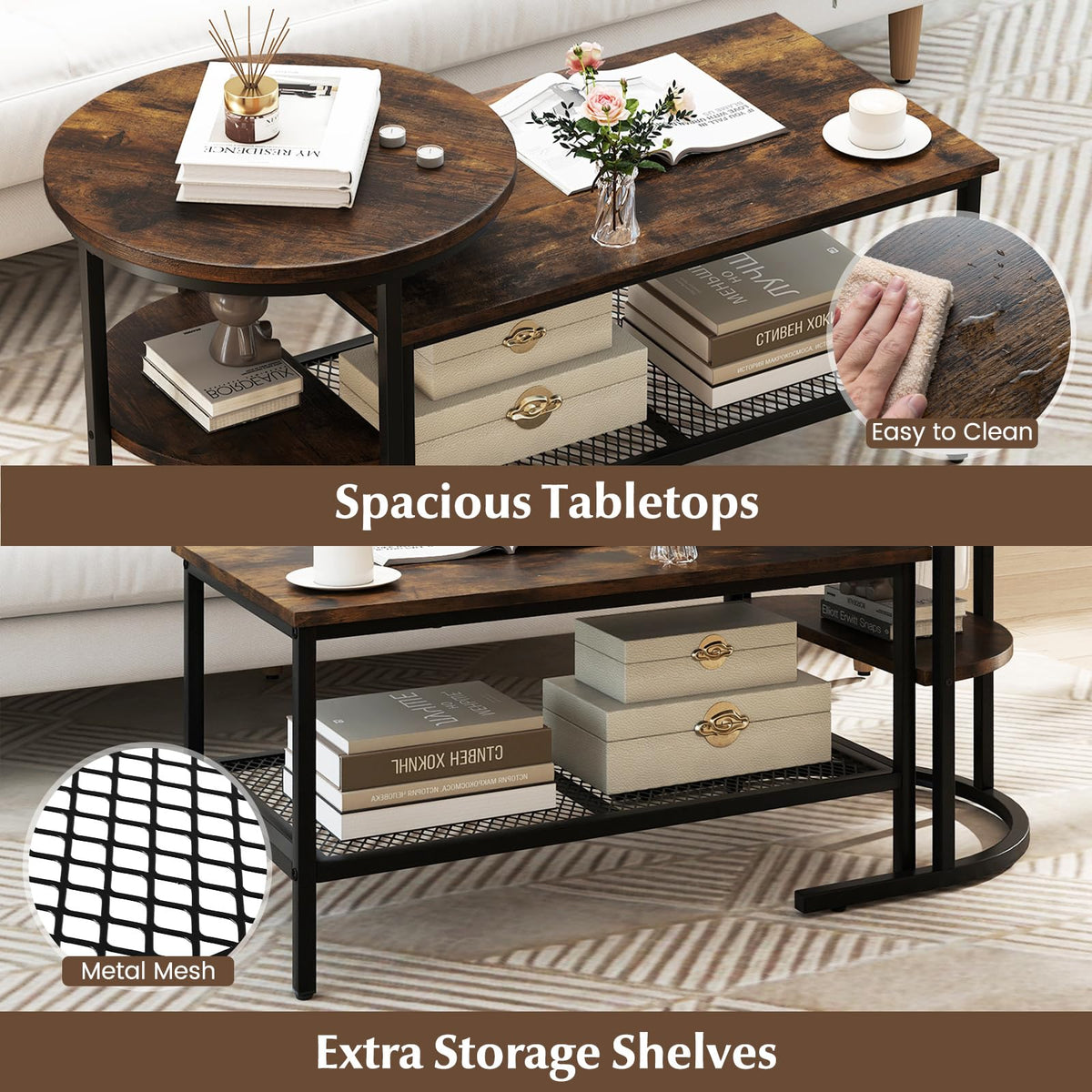 KOTEK Nesting Coffee Table Set of 2, Detachable Rectangular Coffee Table & Small Round End Table Set, Faux Marble Pattern & Sturdy Metal Frame, Modern Nesting Tables for Living Room (Brown)