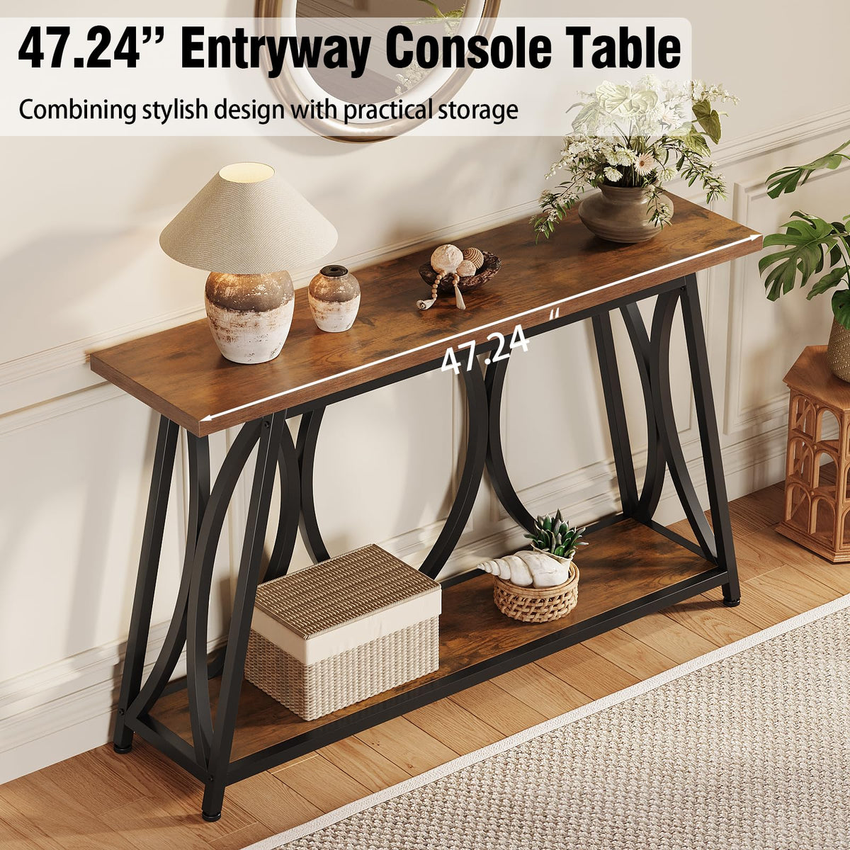GiftGo 47.24" Entryway Console Table, Industrial Sofa Table Behind Couch with Shelves, 2 Tier Narrow Wood Accent Table with Metal Frame for Living Room, Entrance, Hallway, Foyer, Rustic Brown