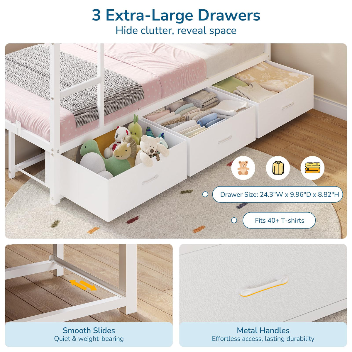 L-Shaped Triple Bunk Bed with Storage & LED Lights