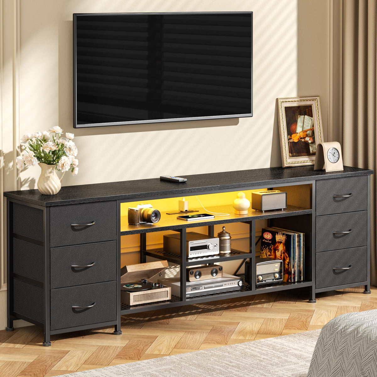 Furologee 63 Inch LED TV Stand, Entertainment Center, Black