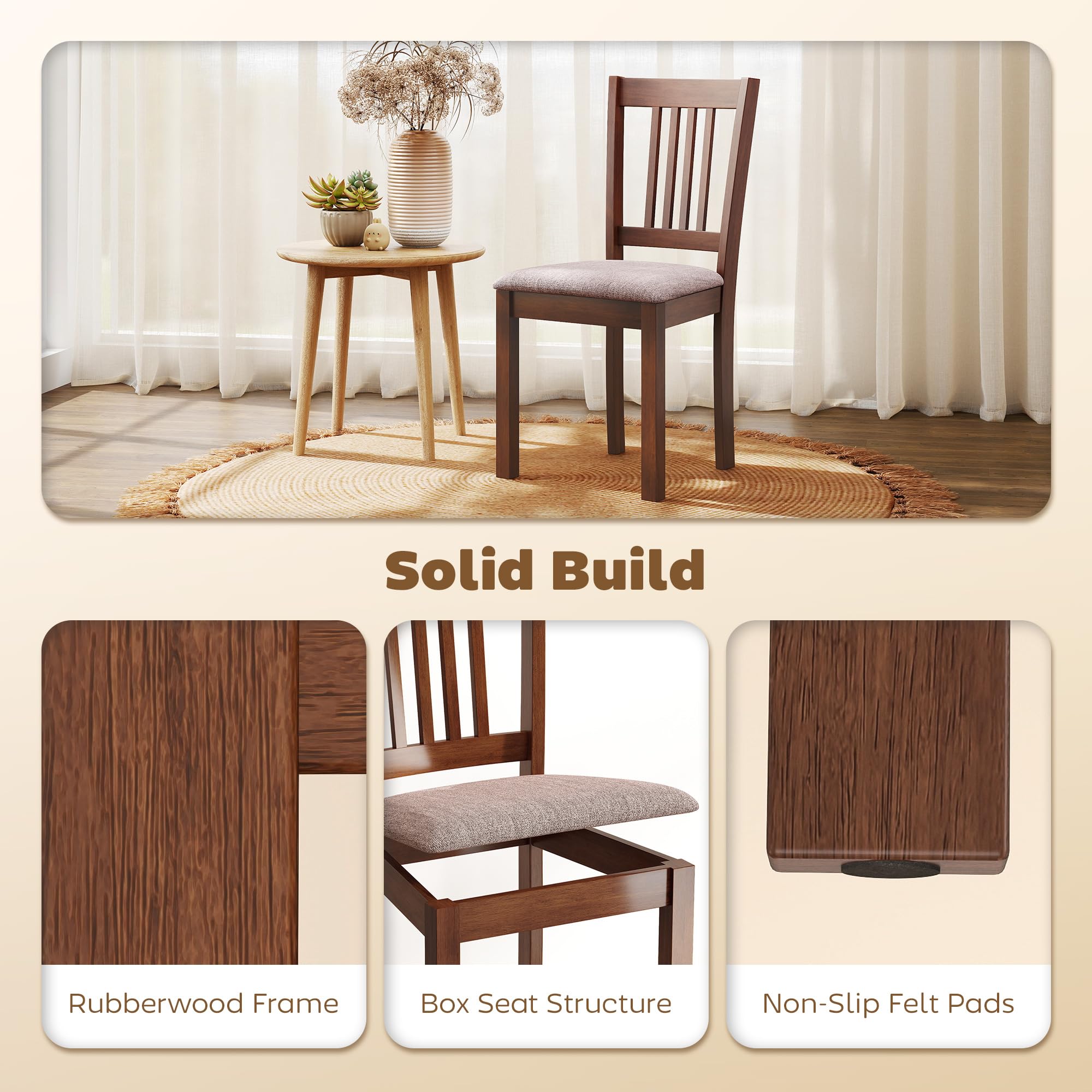 Mid-Century Dining Chairs, Set of 2 – Upholstered, Solid Rubberwood