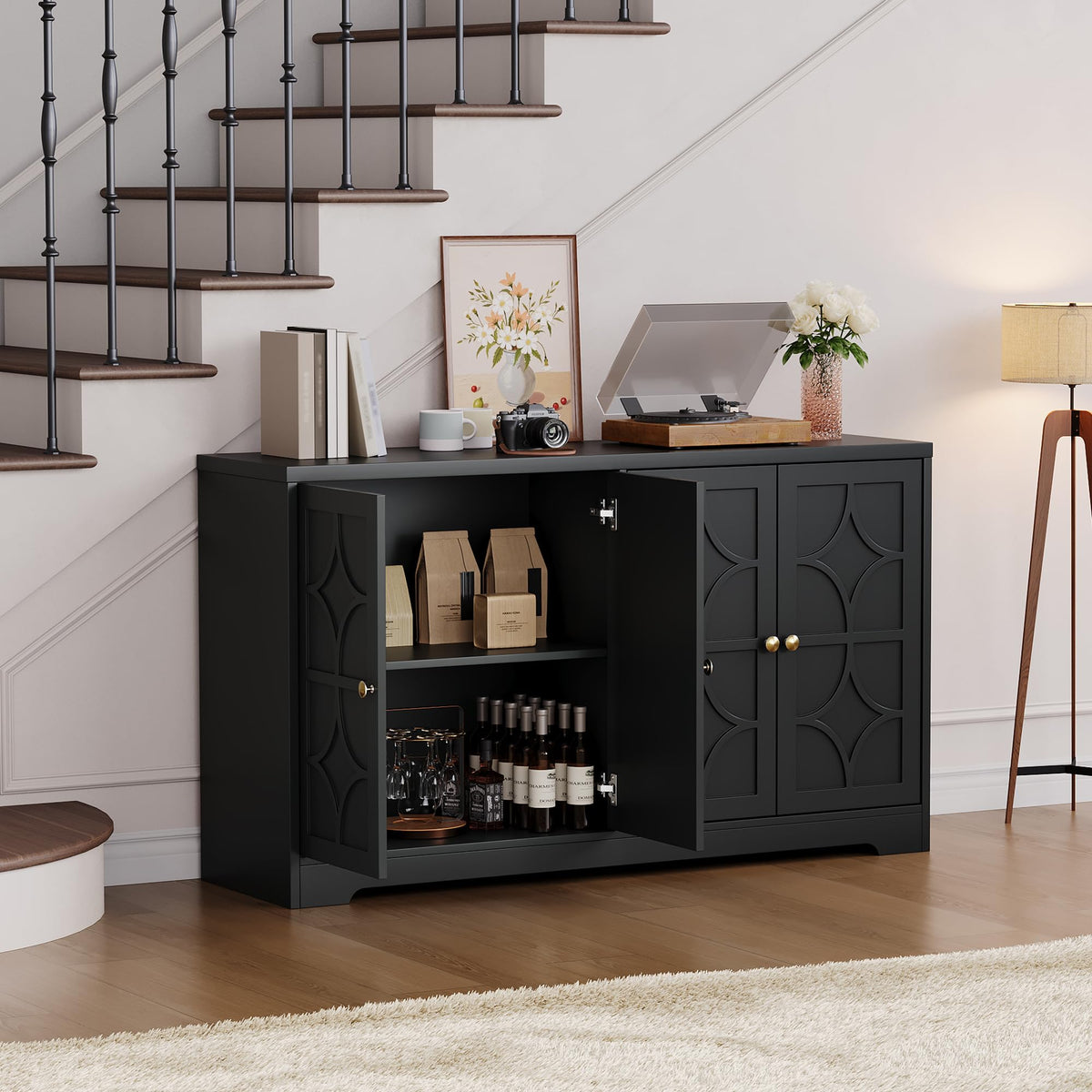 IDEALHOUSE Modern Sideboard Buffet Cabinet, 55" Buffet Storage Cabinet with Adjustable Shelves, Wood Coffee Bar Cabinet with Storage for Kitchen, Dining Room, Living Room, Black