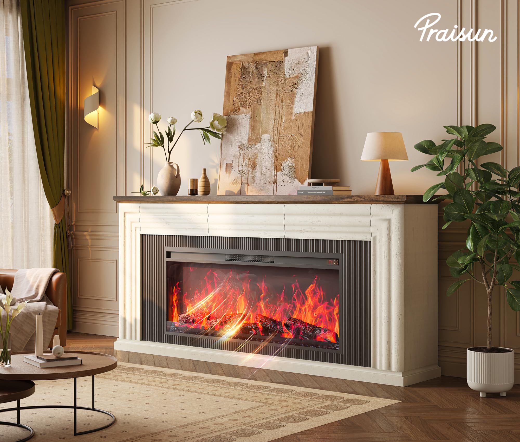 PRAISUN 70 Inch Fireplace TV Stand for 75 Inch TV, Farmhouse Modern Entertainment Center with 42" Fireplace, Fluted Design Media Console with 3 Drawers, for Living Room, White