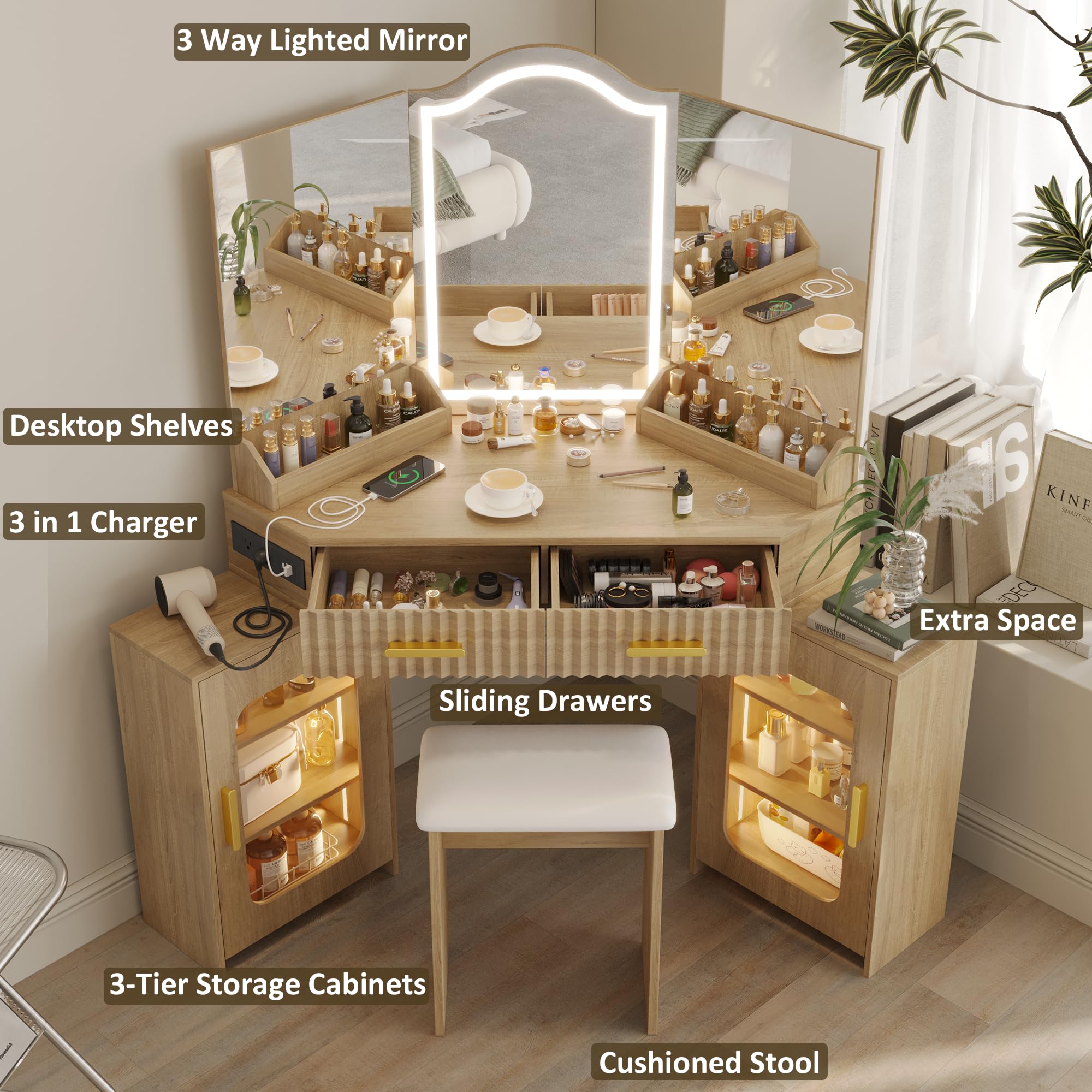 ZKIODV Corner Vanity Desk with 3 Way Mirror & LED Lights, Makeup Table Set with Charging Station, Storage Drawers & Side Cabinets, Modern Bedroom Dressing Table for Women & Girls Birthday Gift