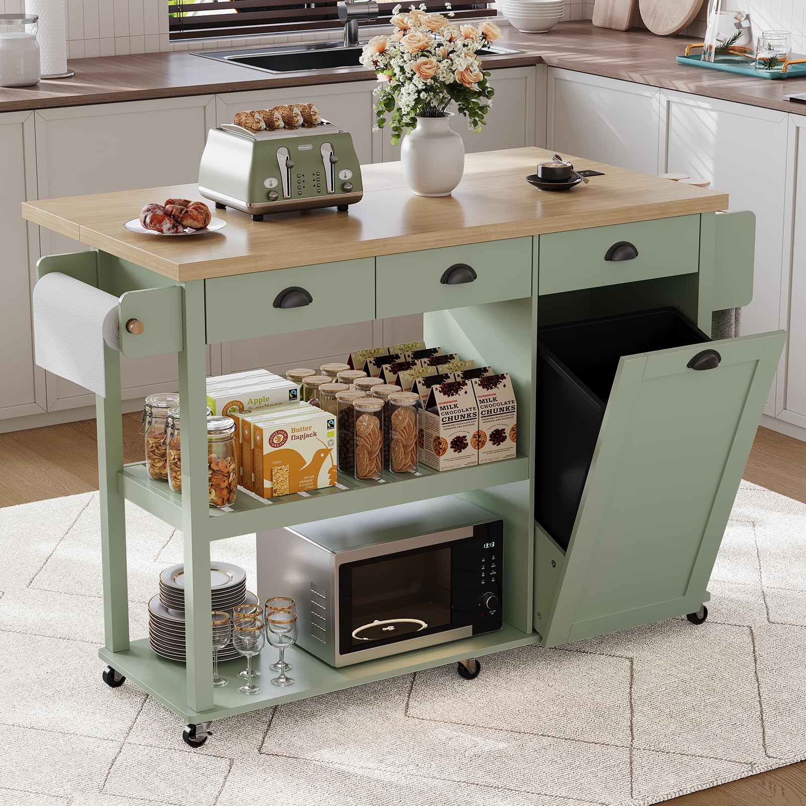 Rolling Kitchen Cart with Drop Leaf & Trash Cabinet