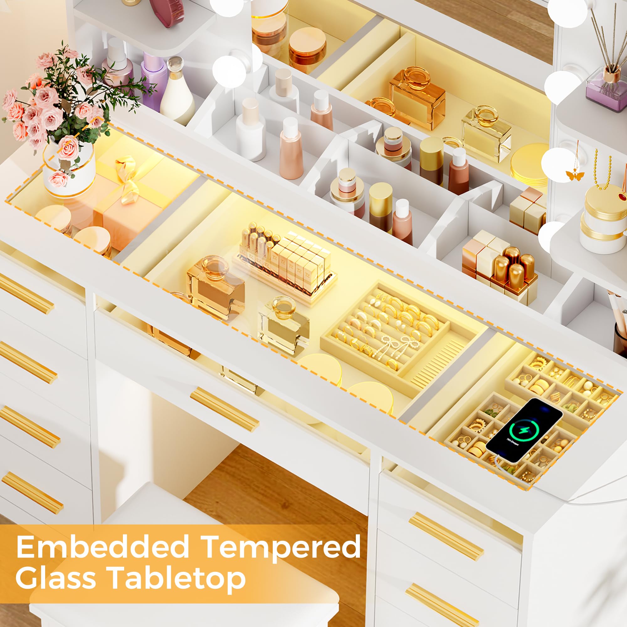 ANWBROAD Vanity Desk with Mirror and Lights 3 Colors Large Makeup Vanity Table Set Transparent Glass Top with 9 RGB Drawers, 4 Shelves Vanity Desk with Stool Power Outlet White Bedroom Women UBDT94W