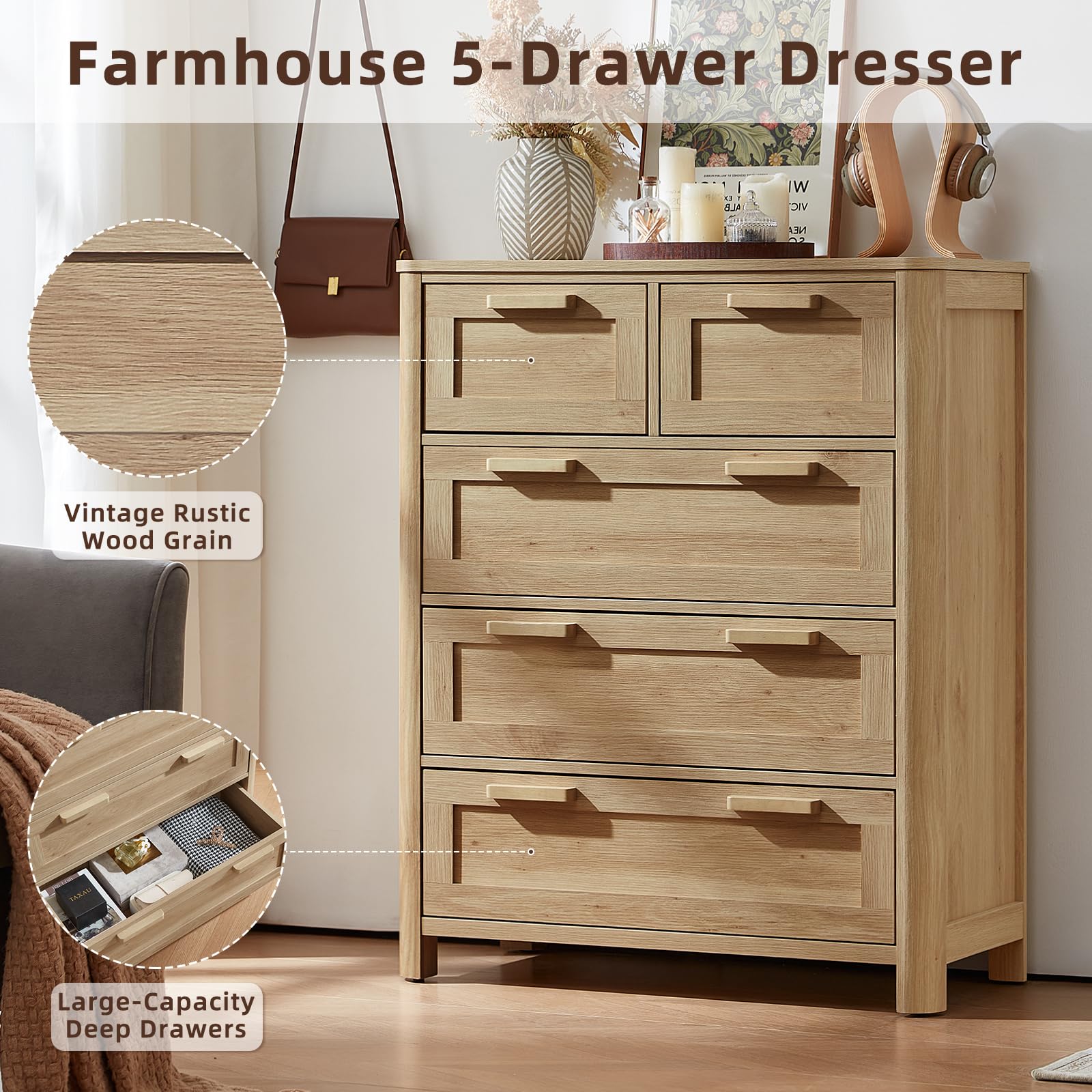 Joaxswe Farmhouse 5 Drawer Dresser for Bedroom, Chest of Drawers with 5 Deep Drawer & 4 Thickened Table Legs, Natural Wood