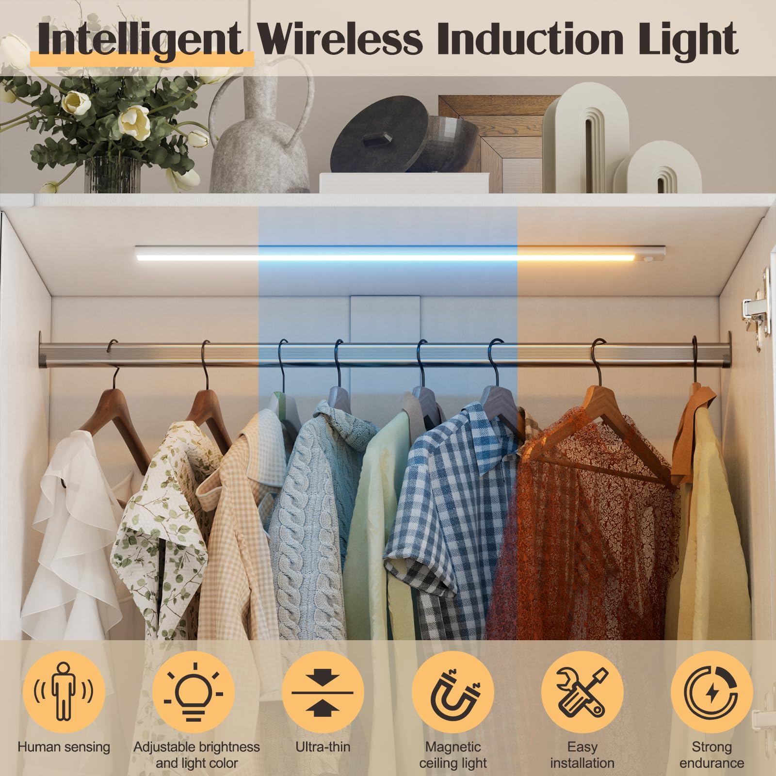 Armoire Wardrobe Closet with LED Light, Drawers & Hanging Rod