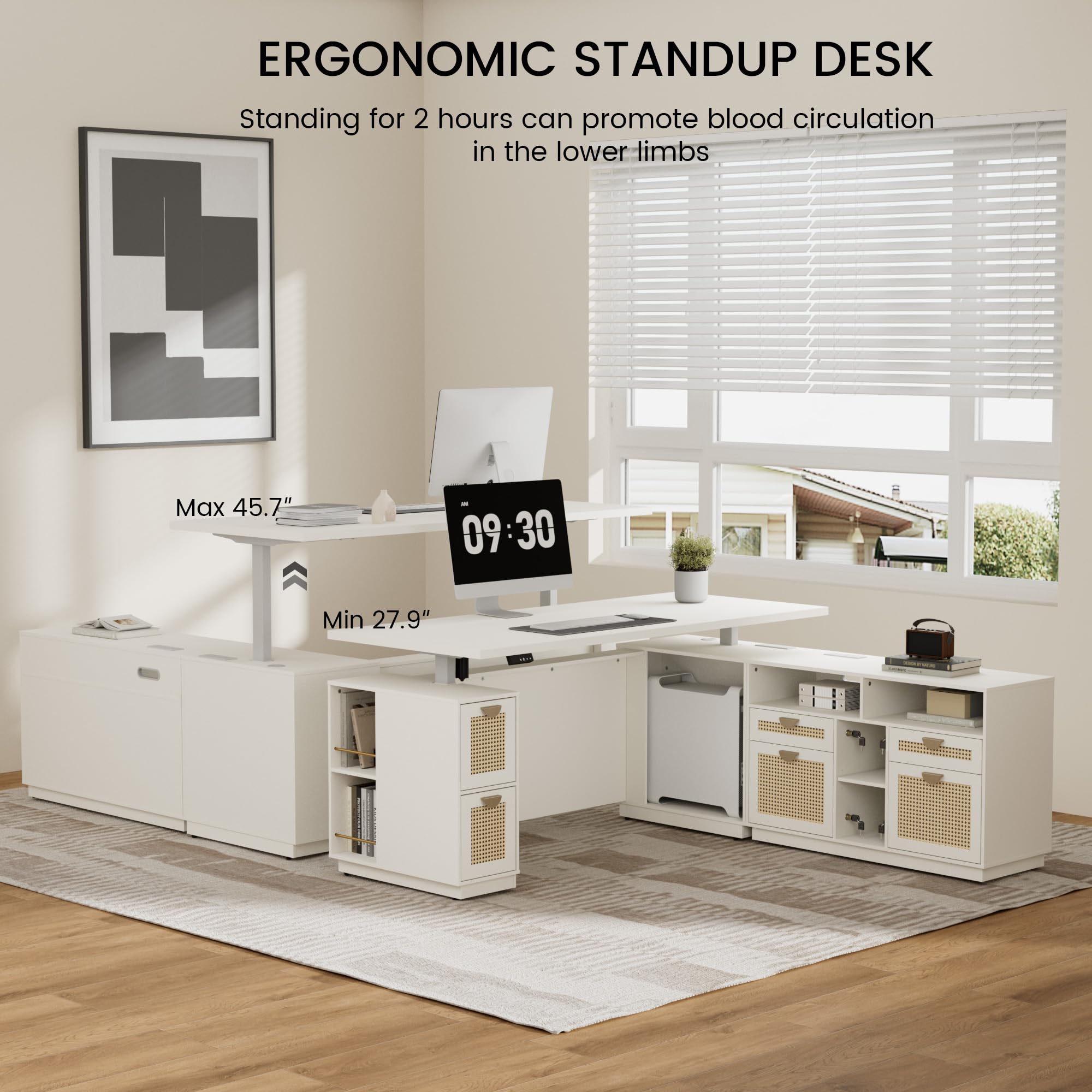 Electric Standing L-Shaped Executive Desk with File Cabinet