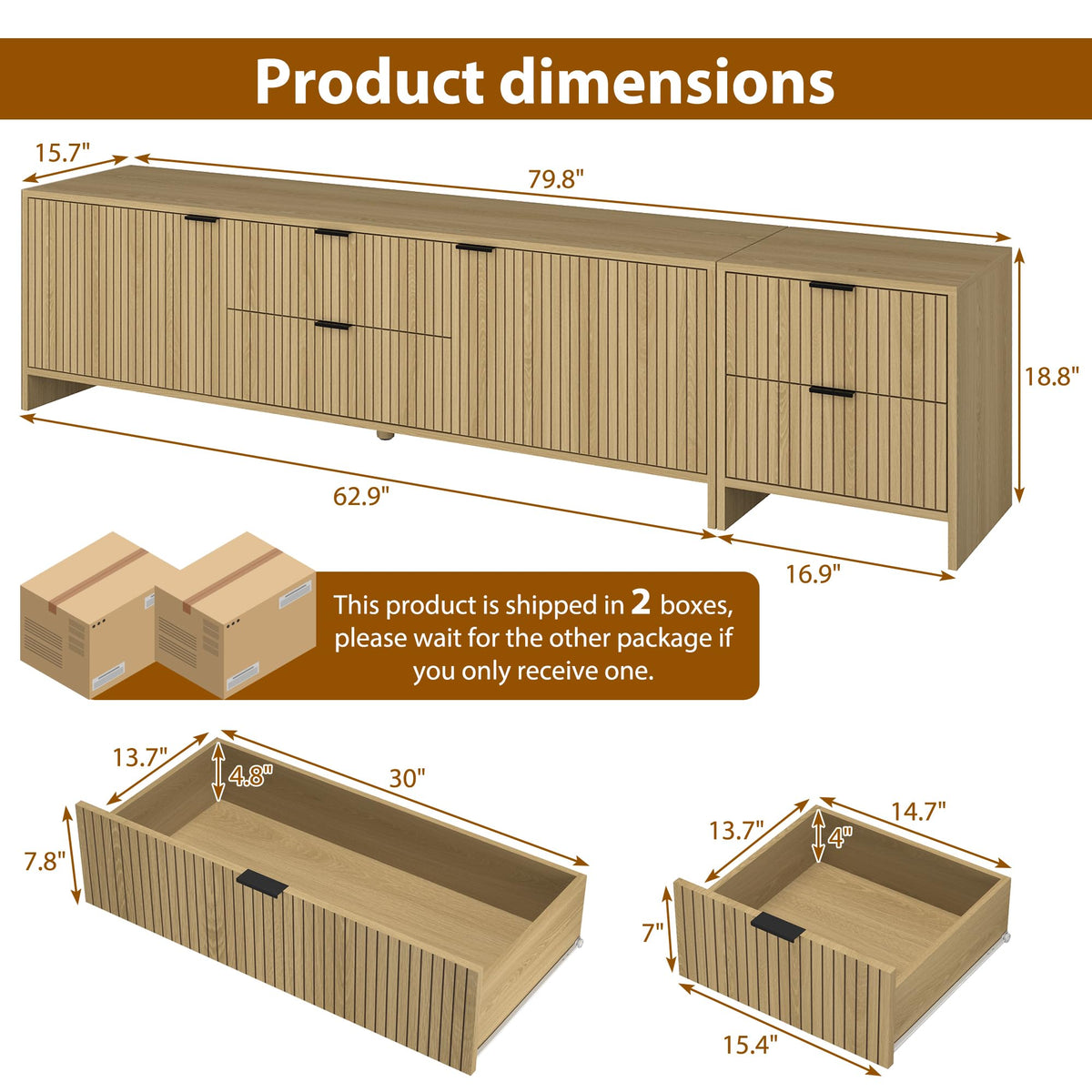 BVIUNTWO Fluted TV Stand for TVs up to 85",Modern TV Console with 4 Drawers,Wood Entertainment Center with Adjustable Shelves & Storage Cabinets for Living Room,Natural Oak