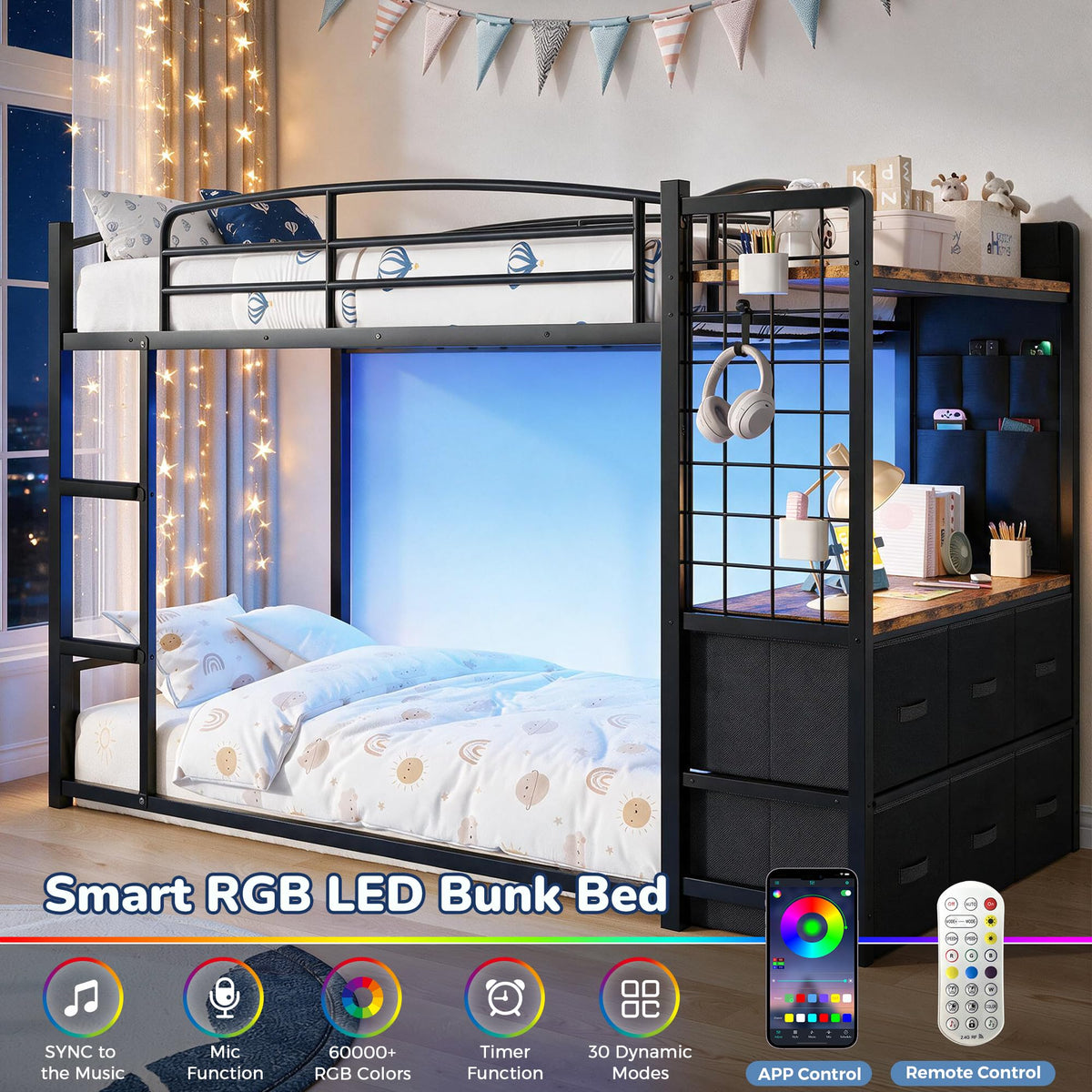 Jocoevol Low Bunk Bed Twin Over Twin for Kids with 6 Storage Drawers & Desk