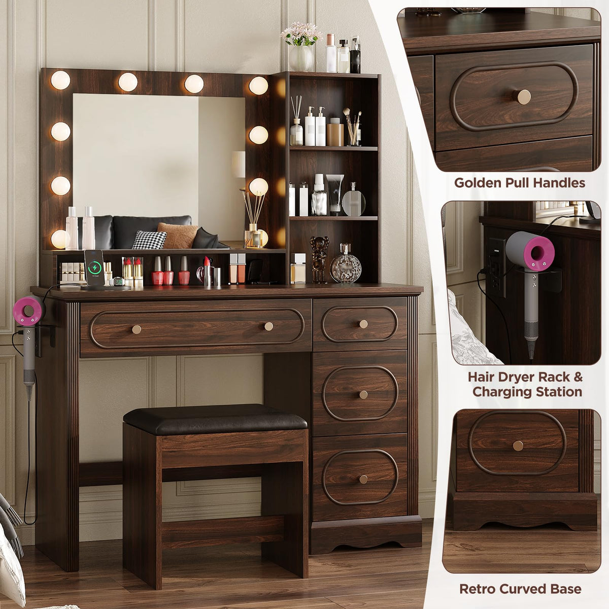 Walnut Brown Lighted Makeup Vanity
