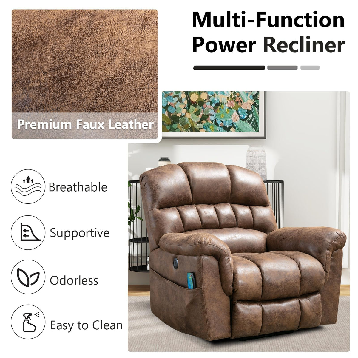HAOMARKETS Oversized Power Leather Lift Recliner with Massage and Heat for Elderly, Electric Lifting Reclining Chair with Side Pockets and USB Port for Living Room, Brown